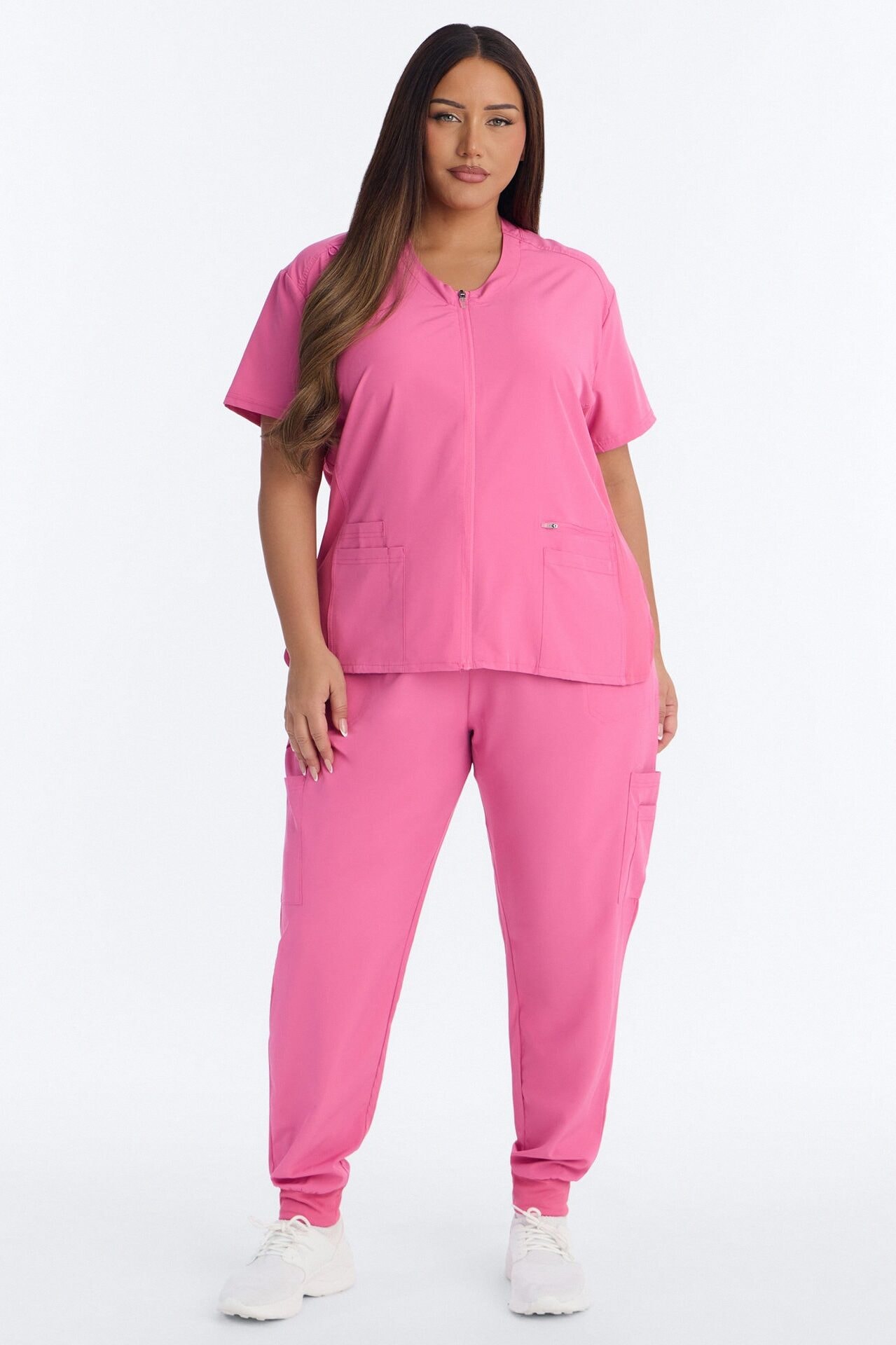 Vital 4 Way Stretch Front Zip Jogger Scrub Set - Hot Pink image 1