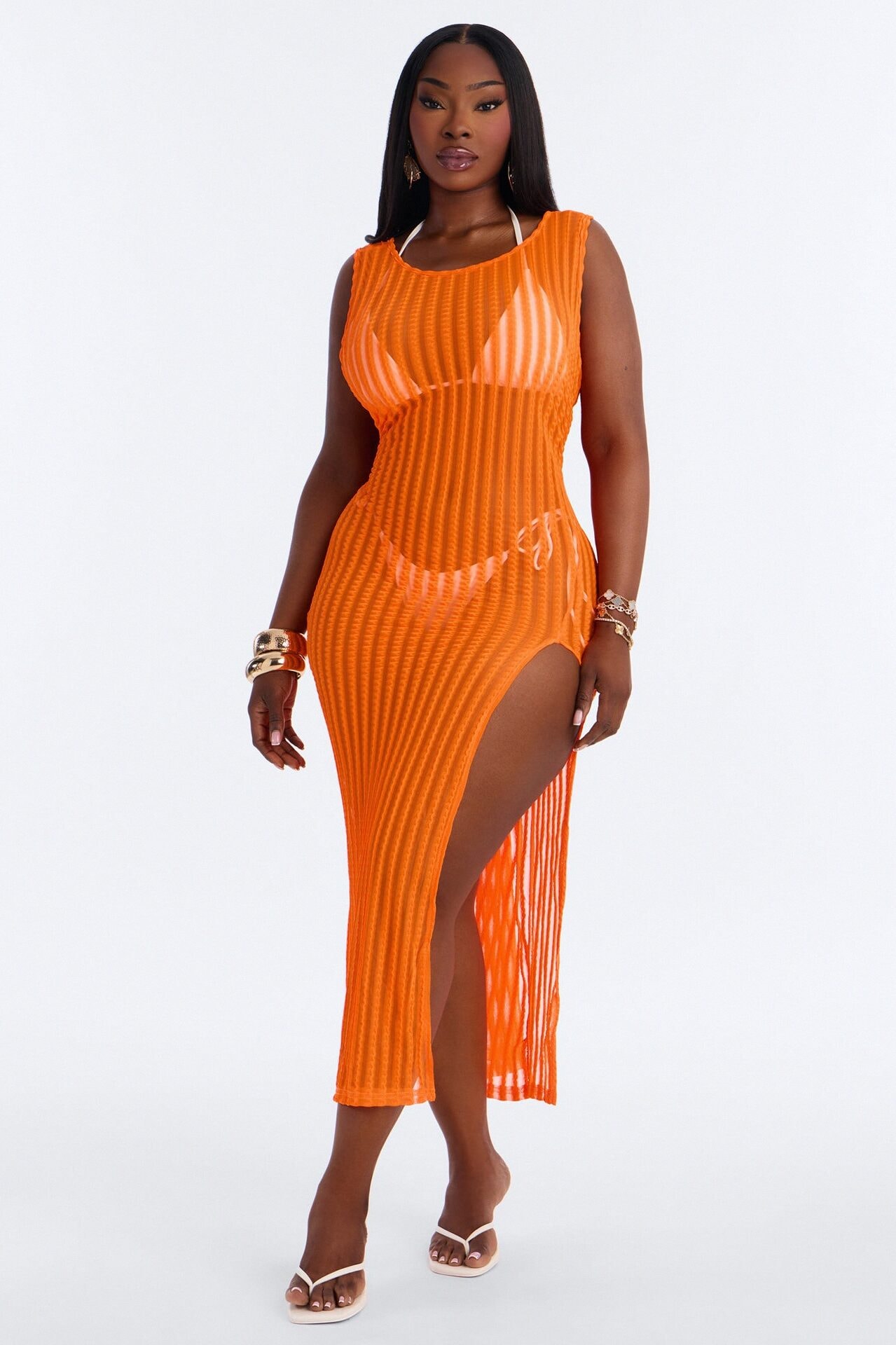 Island Breeze Mesh Slit Cover Up Maxi Dress - Orange image 1