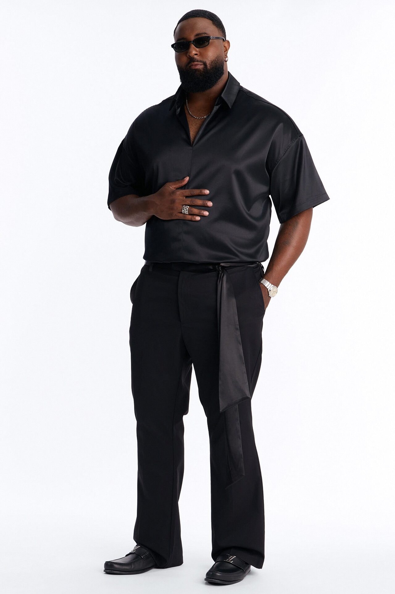 Satin Wrapped Waistband Straight Flare Trouser - Black image 1