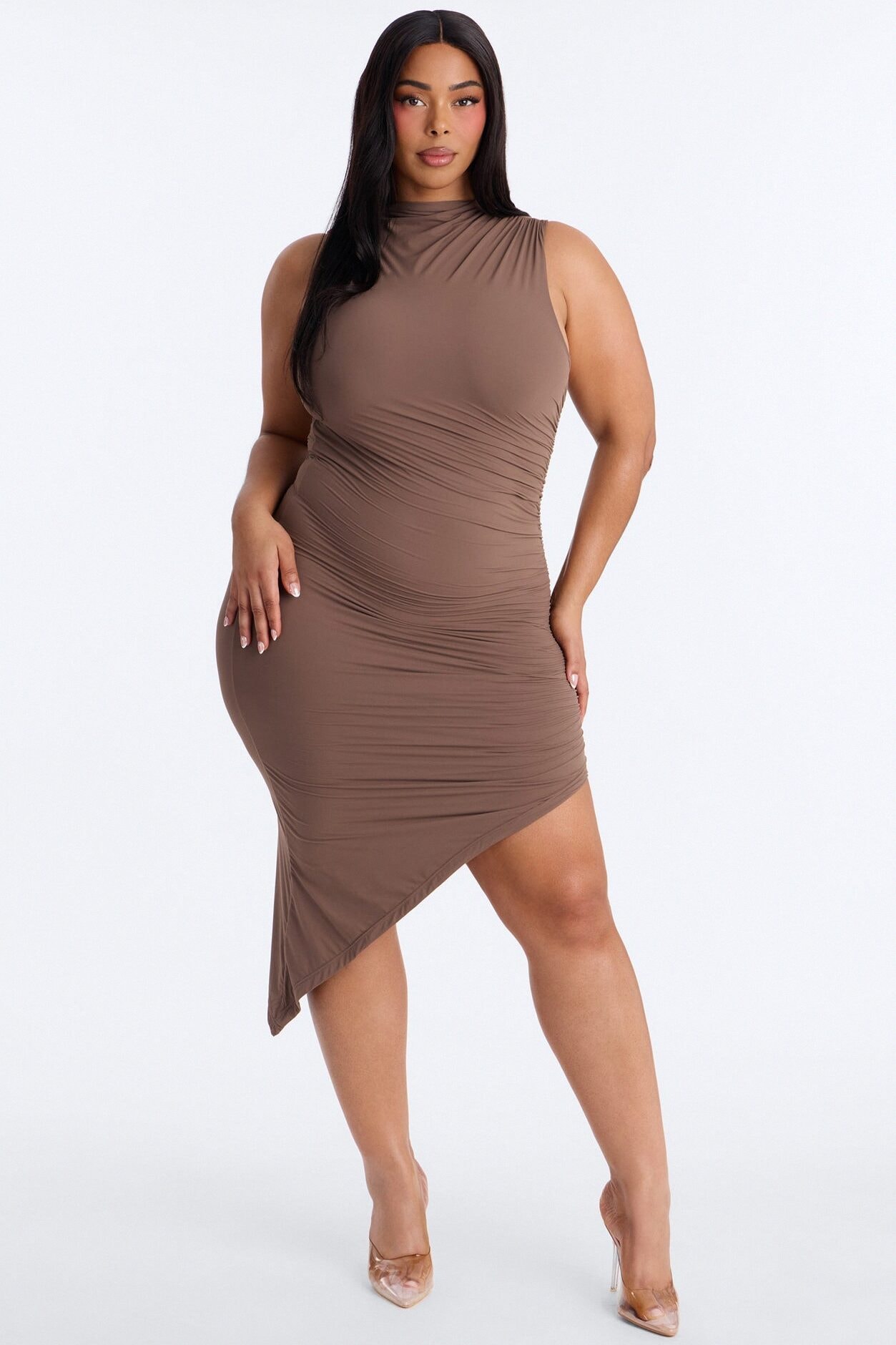 Second Skin Double Lined Ruched Slit Midi Dress - Brown image 1
