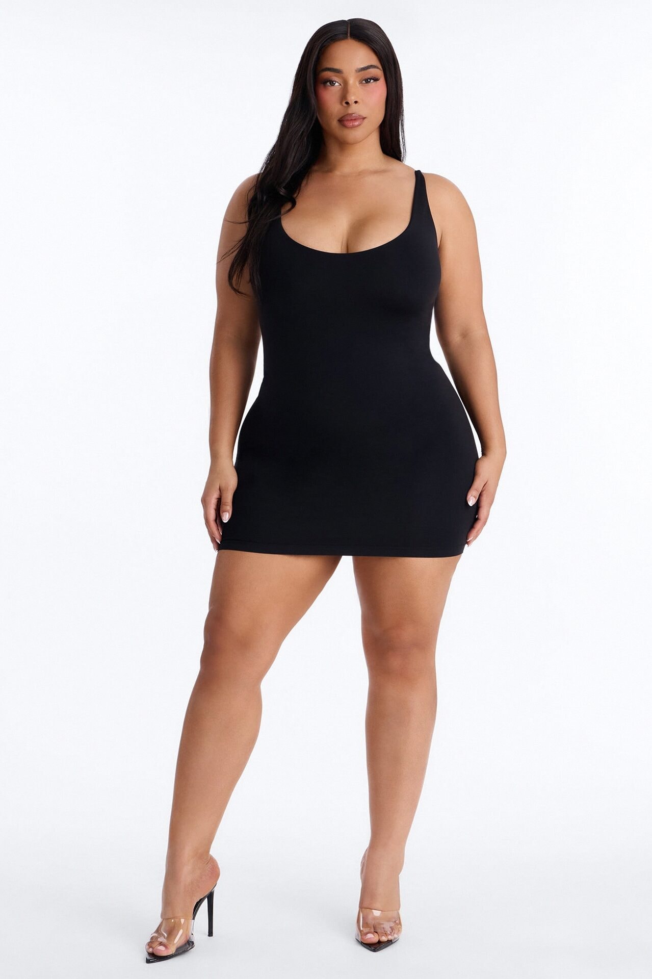 Seamless Smooth Double Lined Scoop Neck Mini Dress - Black image 1
