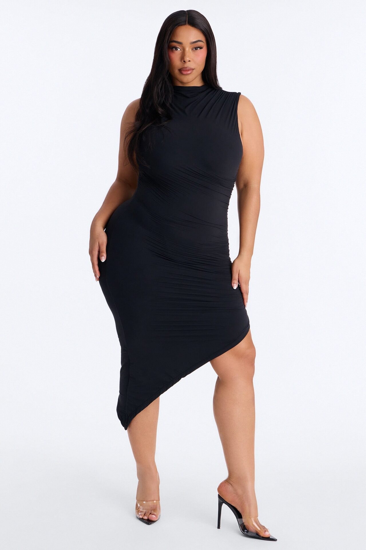 Second Skin Double Lined Ruched Slit Midi Dress - Black image 1