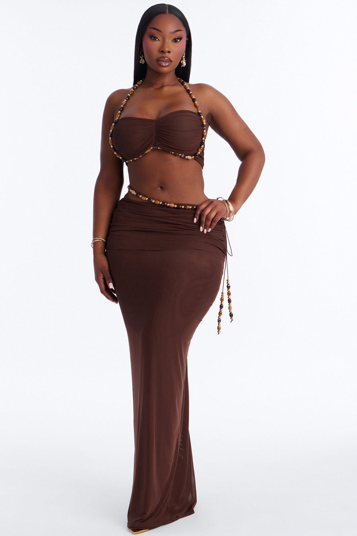 Bora Breeze Beaded Mesh Skirt Set - Chocolate image 1