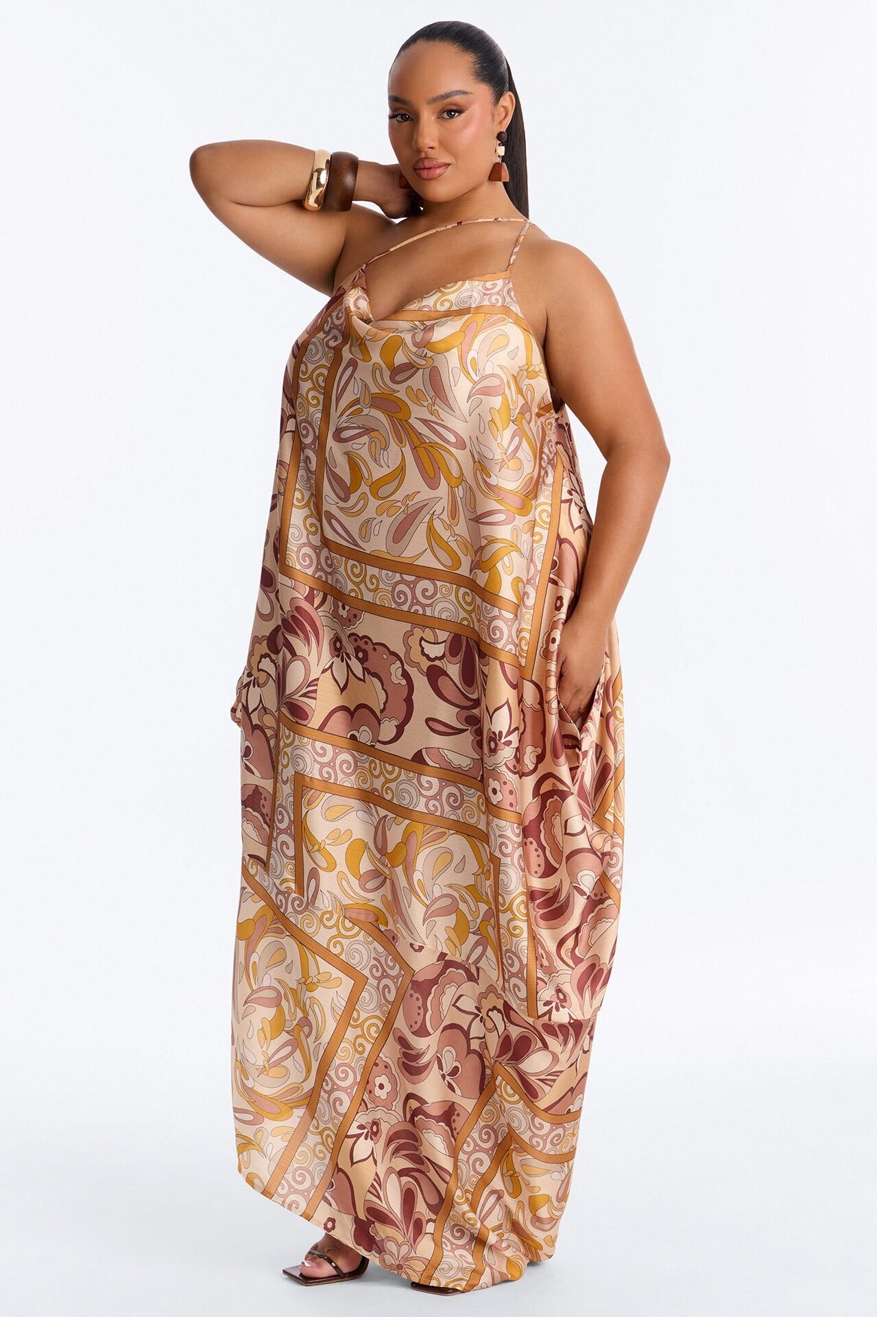 Kaylie Draped Satin Flowy Maxi Dress - Mustard/combo image 1