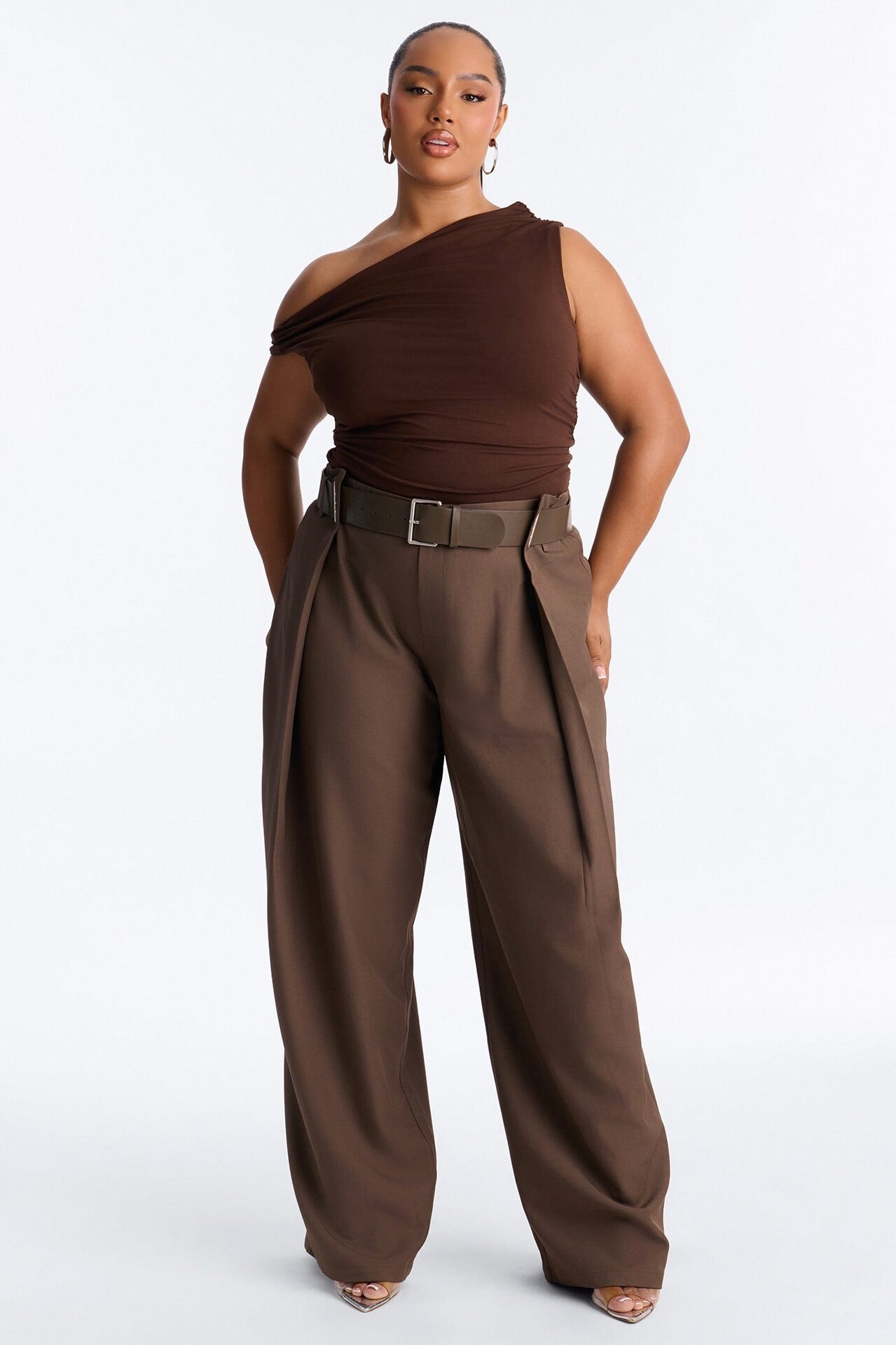 Natasha Belted Wide Leg Pleated Trouser - Brown image 1