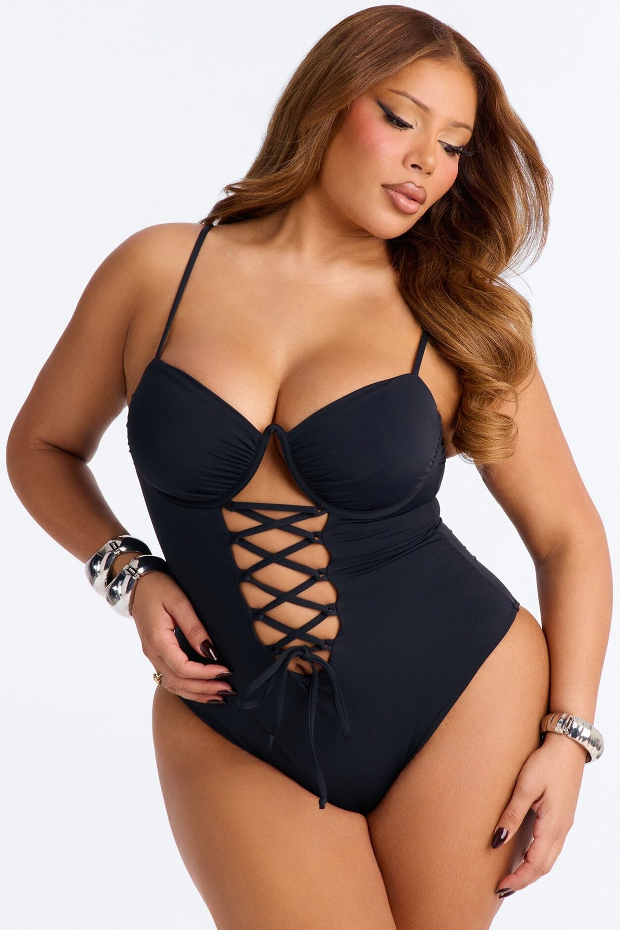 Gold Coast 1 Piece Lace Up Underwire Swimsuit - Black image 1