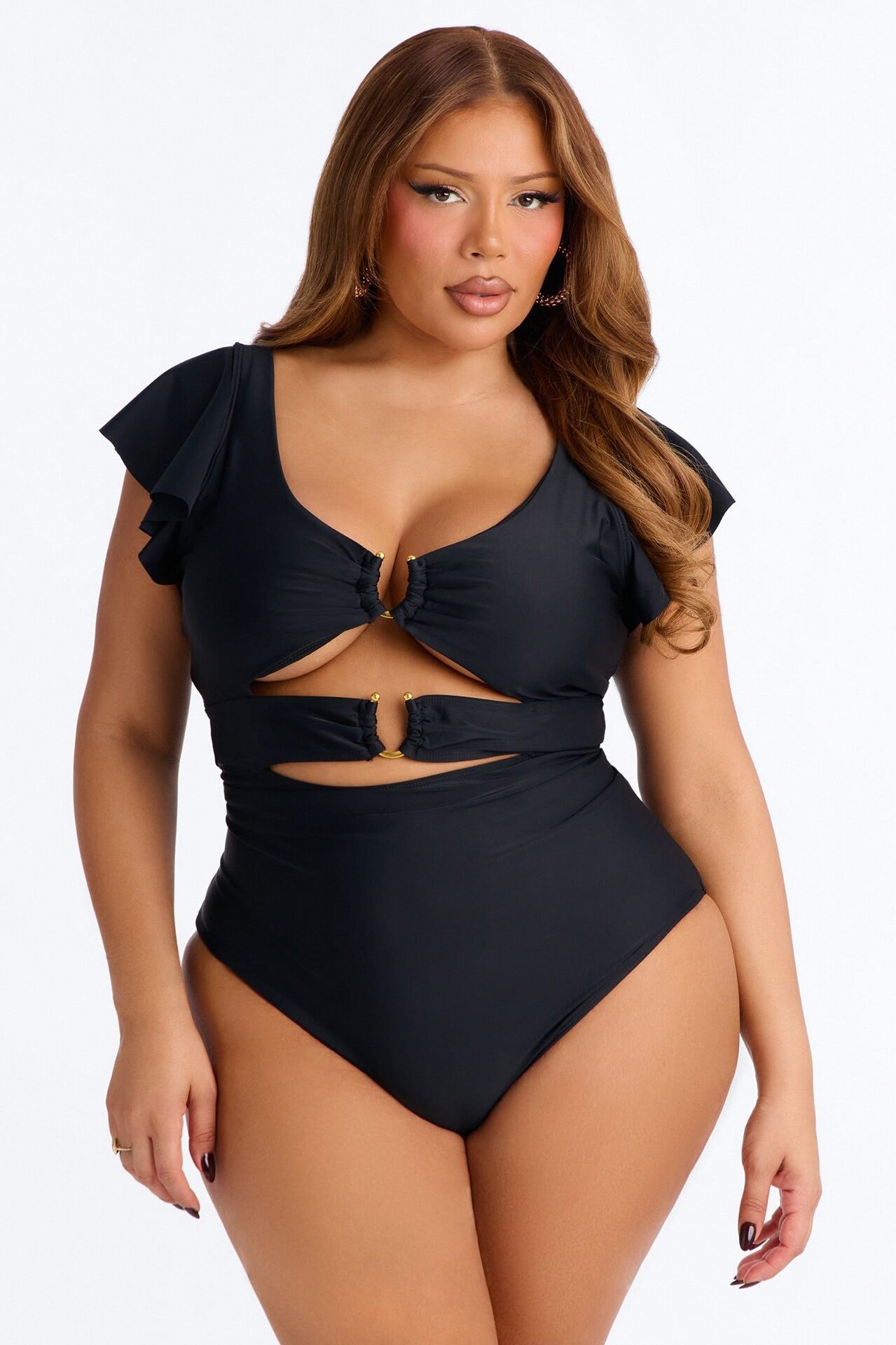 Take Me To The Yacht Ruffle Sleeve Back Lace Up 1 Piece Swimsuit - Black image 1