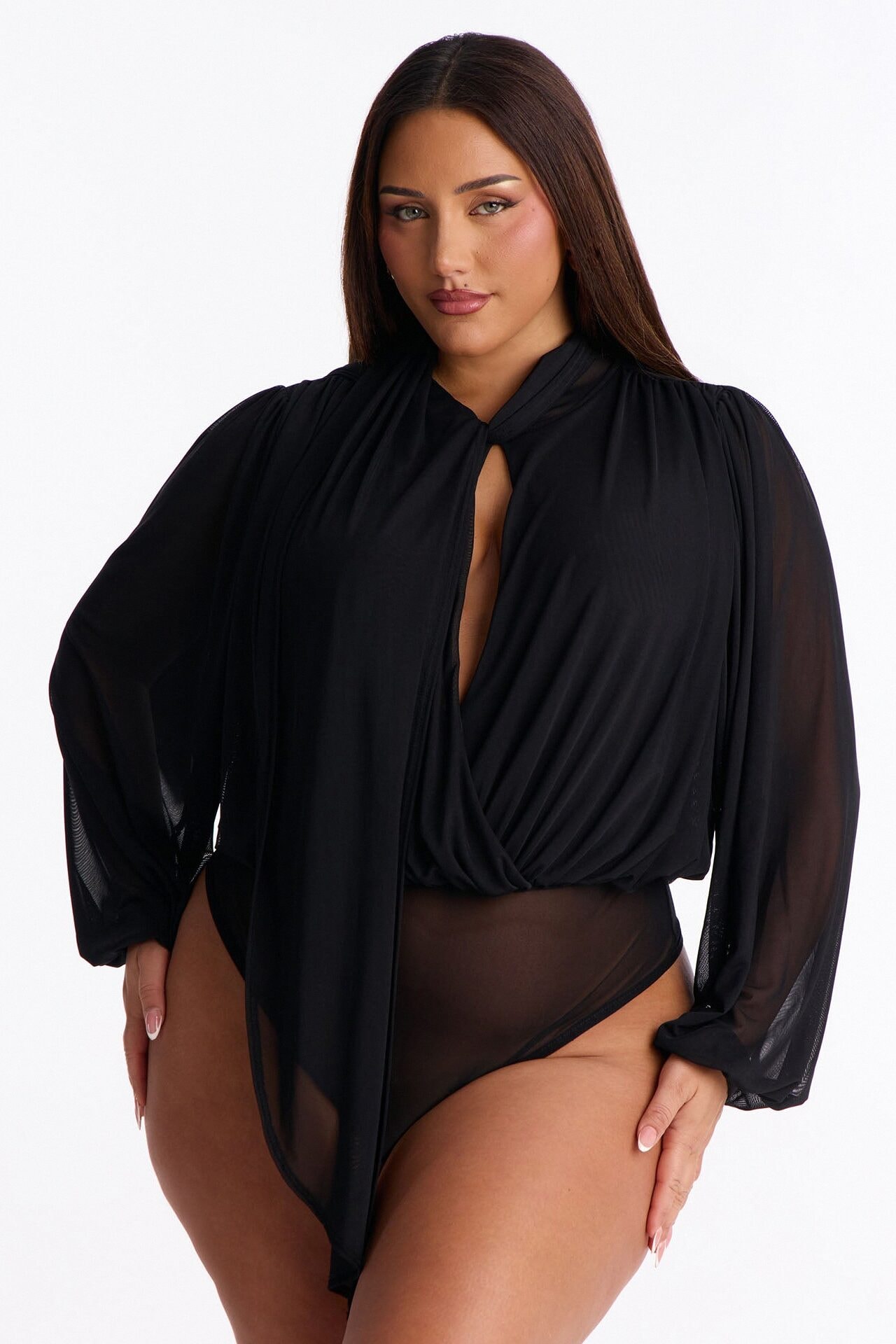 Melinna Mesh Scarf Long Sleeve Bodysuit - Black image 1