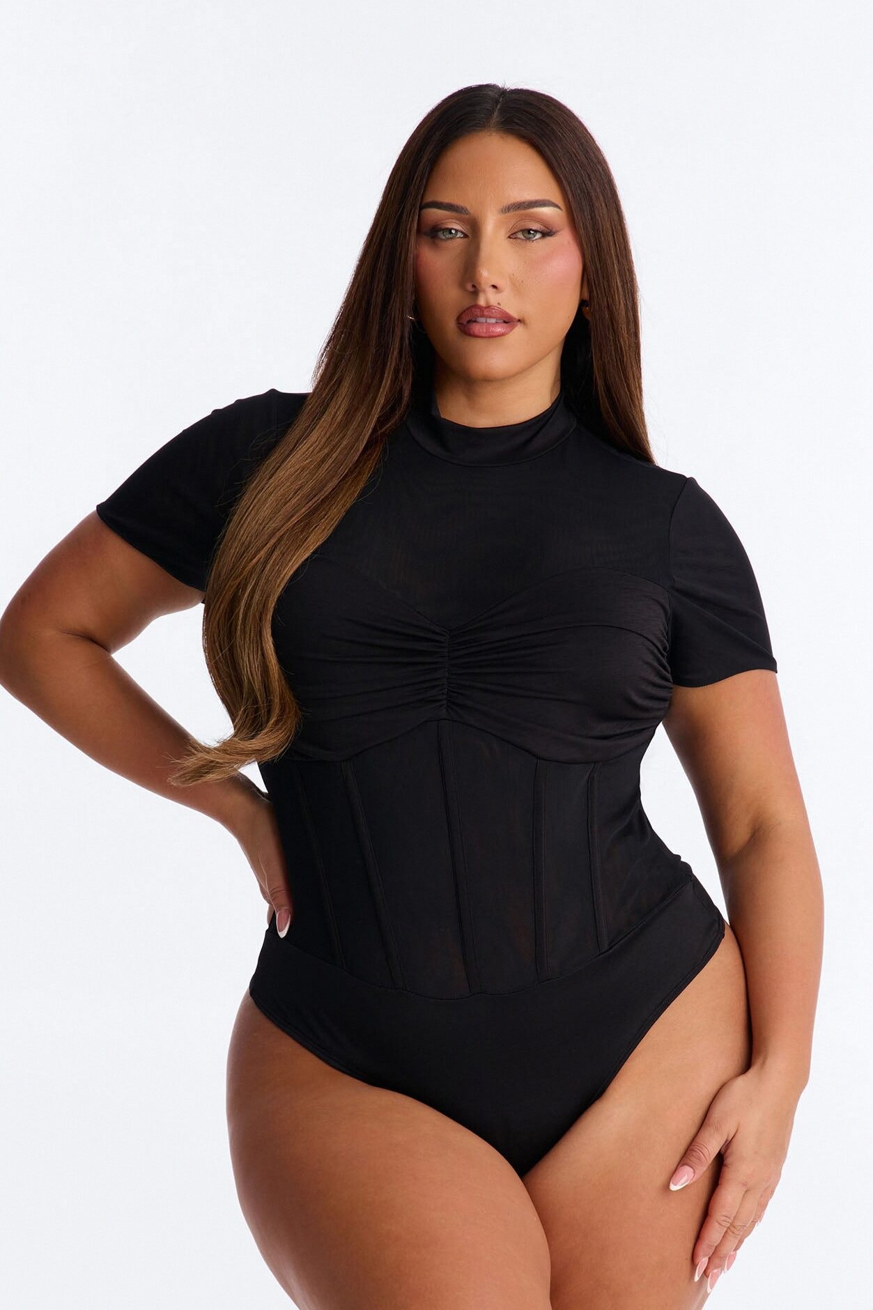 Fine Dined Mesh Mock Neck Corset Bodysuit - Black image 1