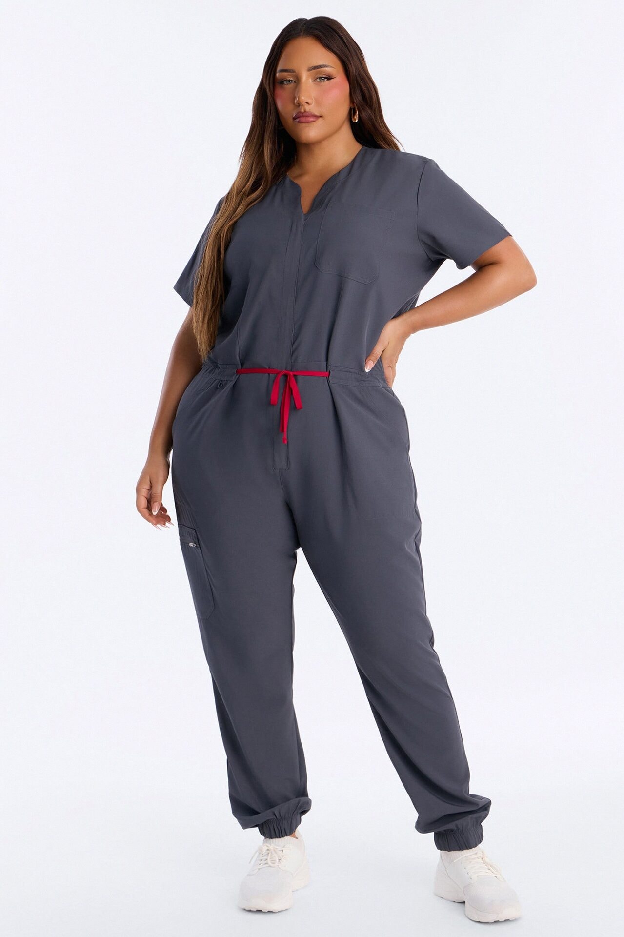 Prime Care Belted Uniform Scrub Jumpsuit - Charcoal image 1