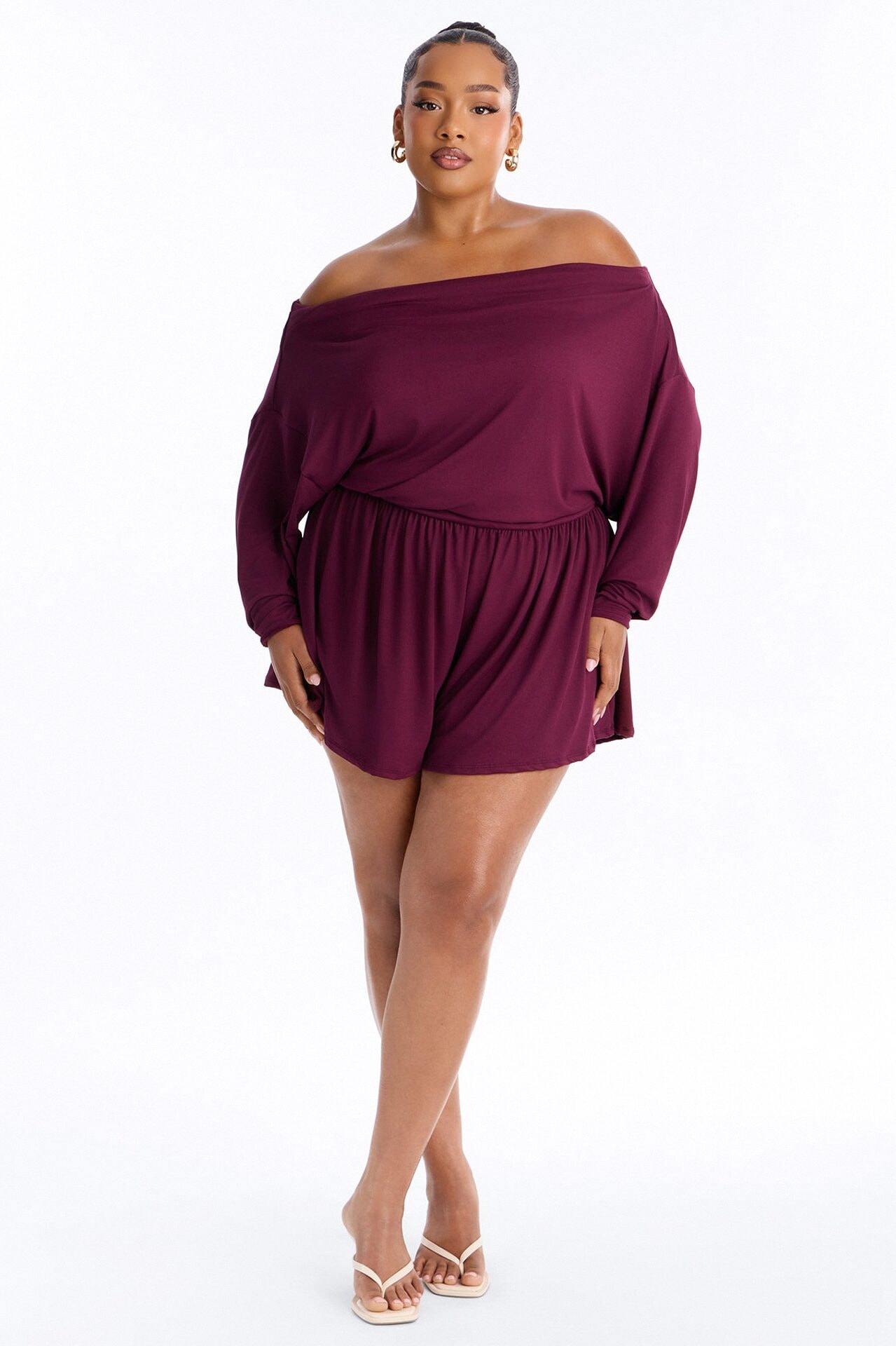 Amelia Off Shoulder Flowy Romper - Plum image 1