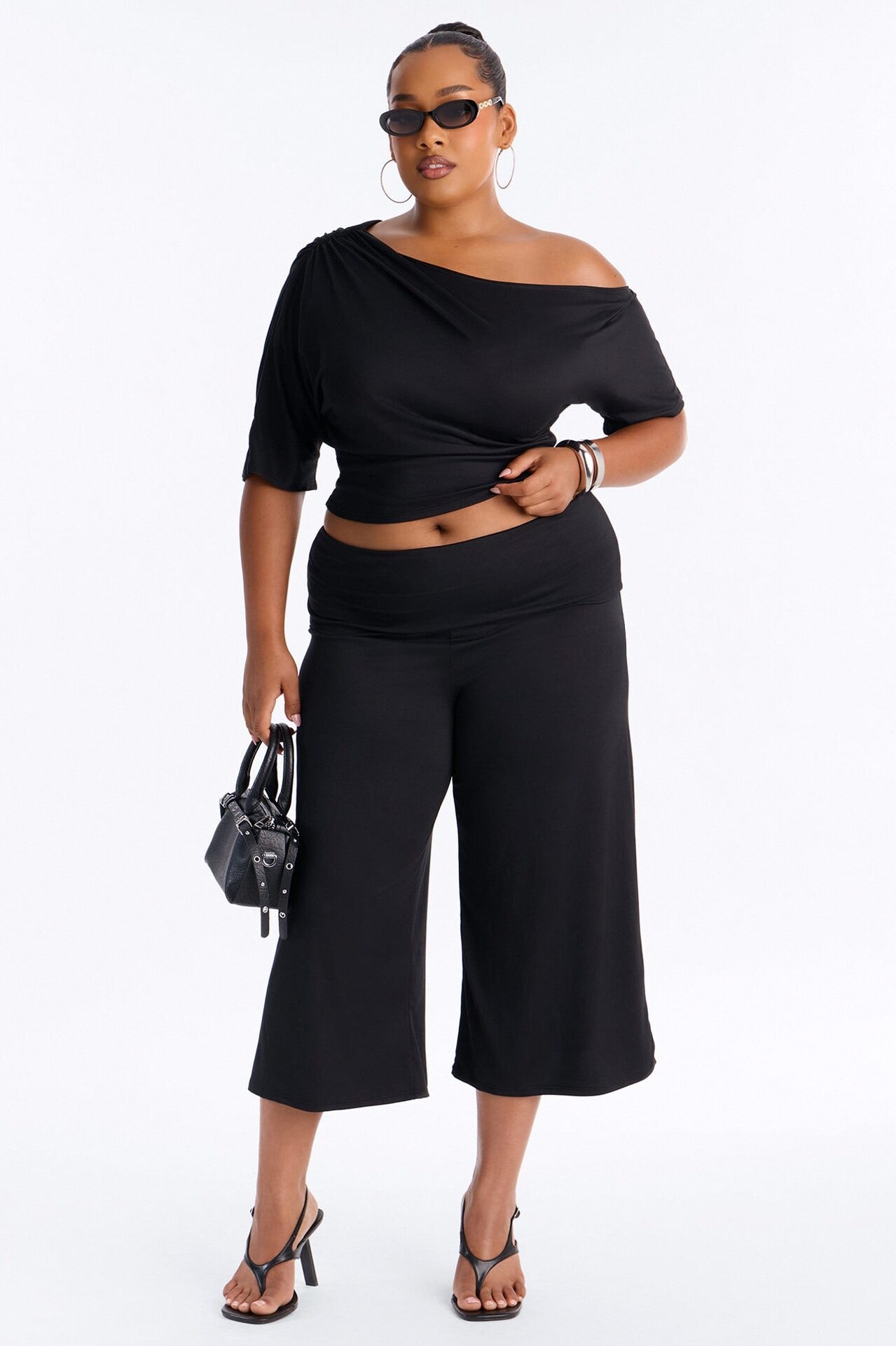 Maria Off Shoulder Gaucho Pant Set - Black image 1