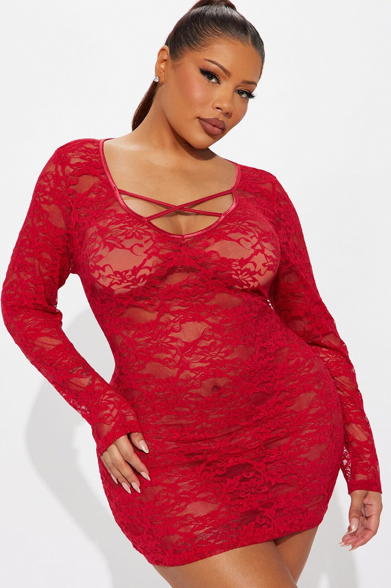 Lynn Scoop Neck Long Sleeve Lace Chemise - Red image 1