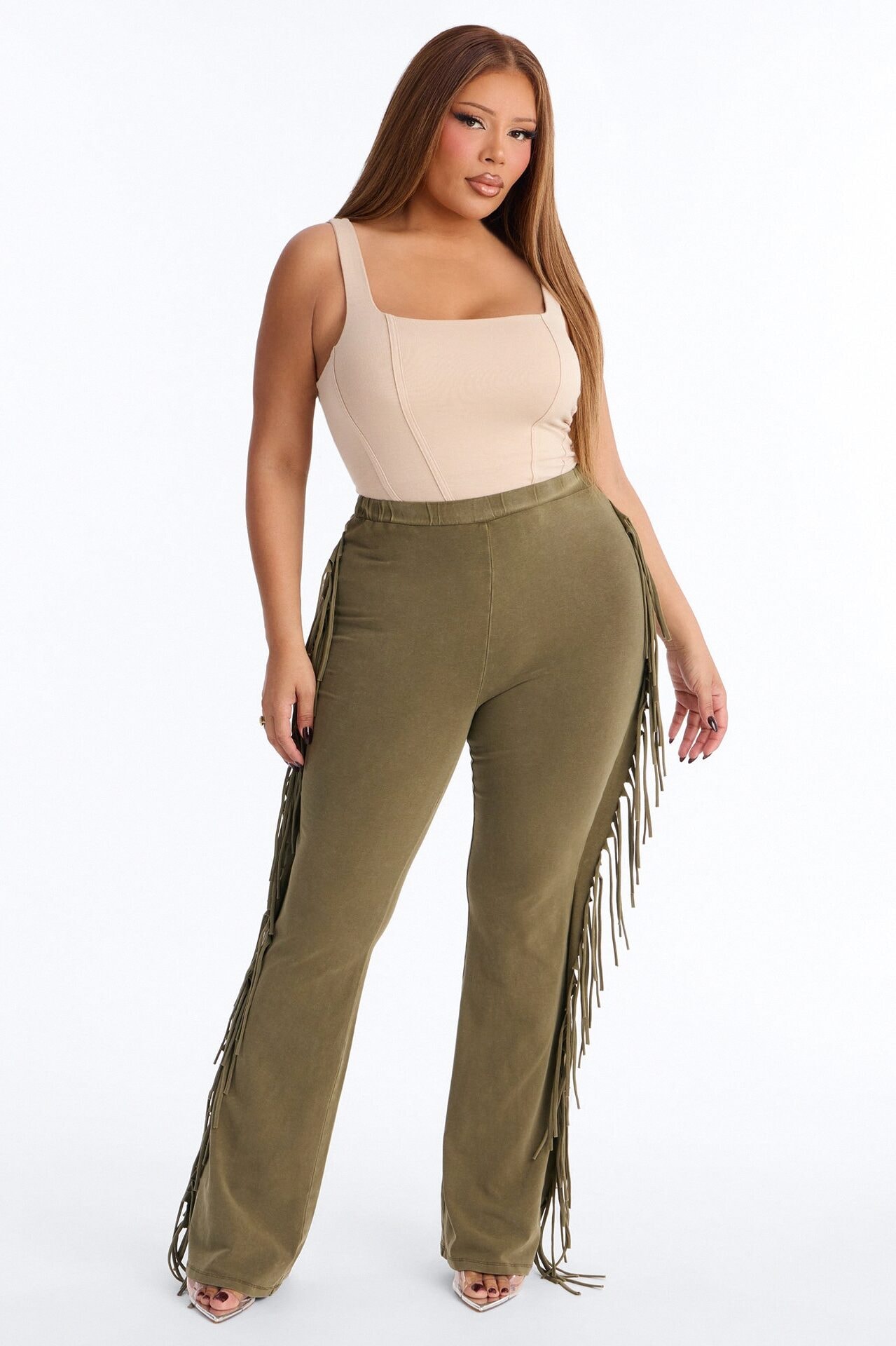 Josie Fringe Washed Mid Rise Flare Pant 33″ - Olive image 1