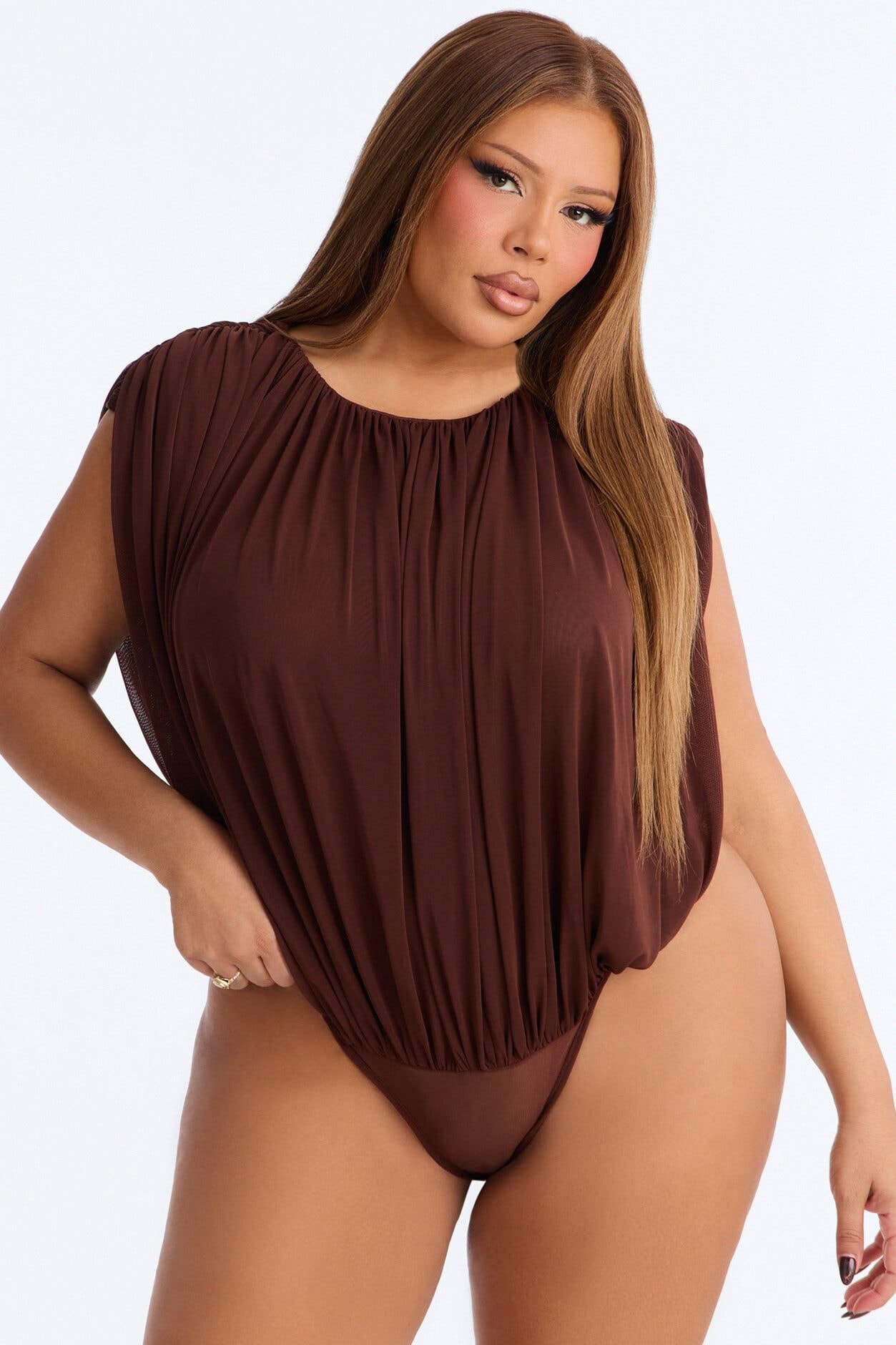 Danielle Ruched Short Sleeve Mesh Bodysuit - Brown image 1