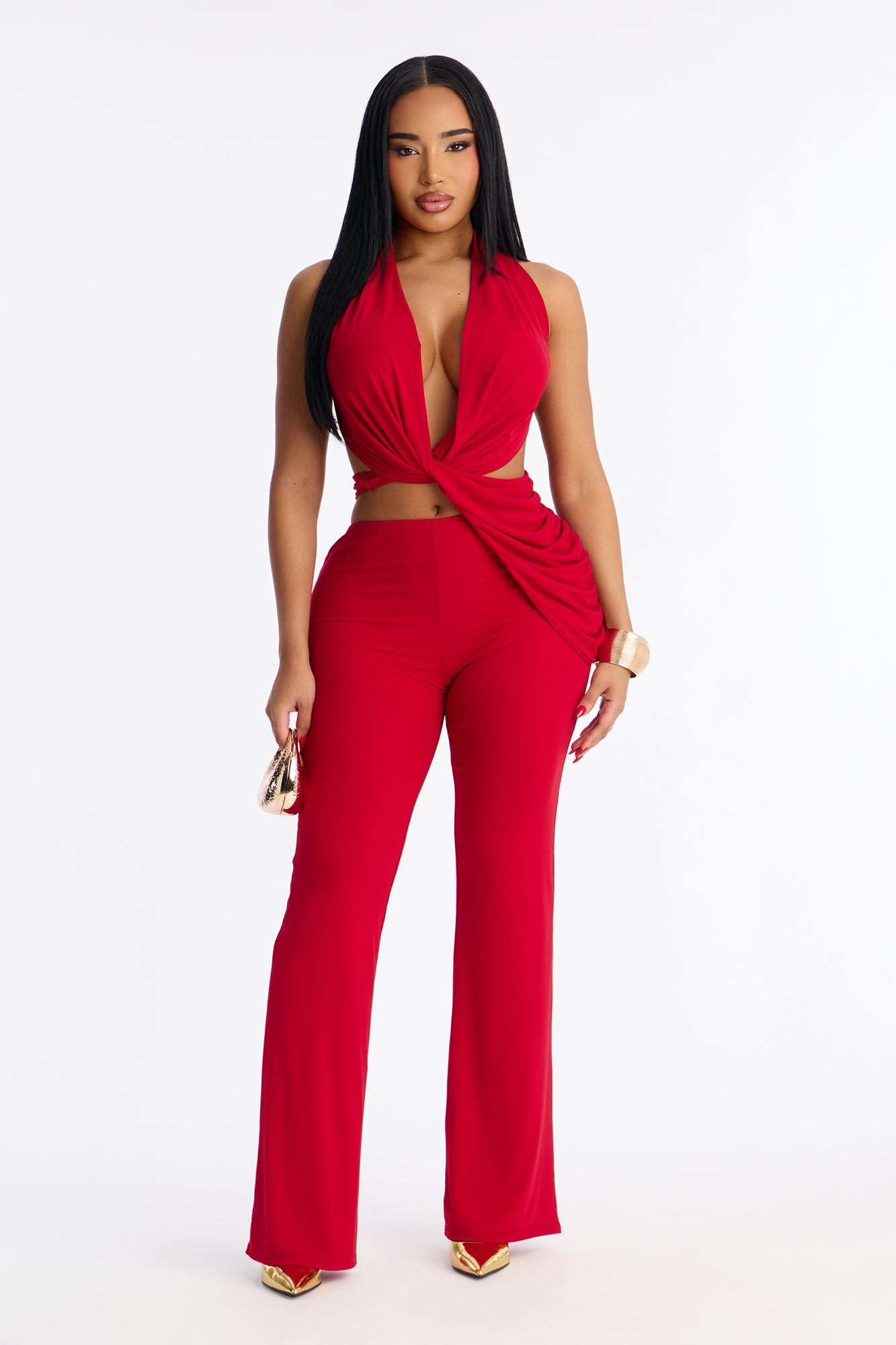 Dangerously Classy Backless Halter Pant Set - Red image 1