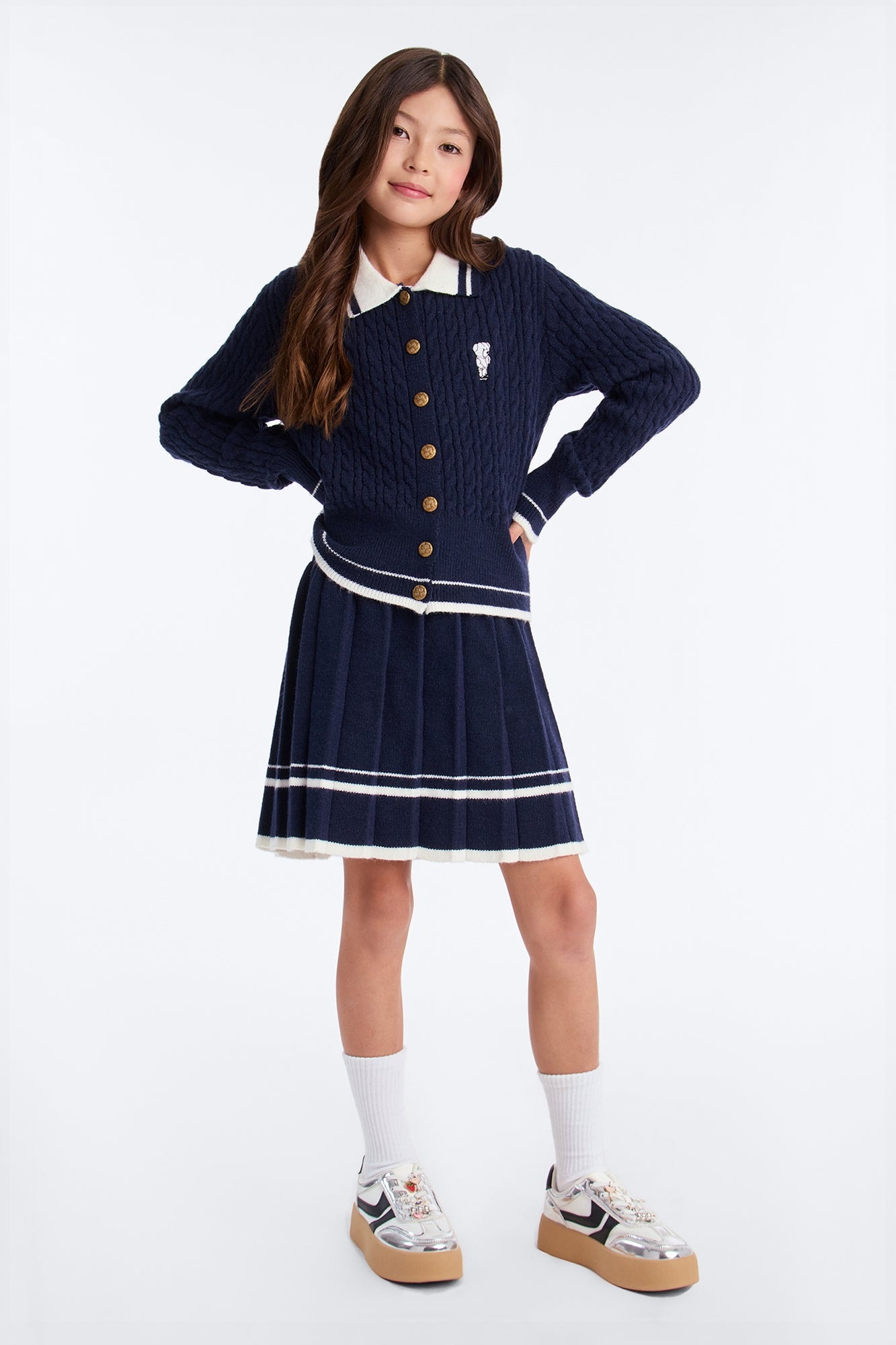 Mini Campus Queen Sweater Cardigan Skirt Set - Navy image 1