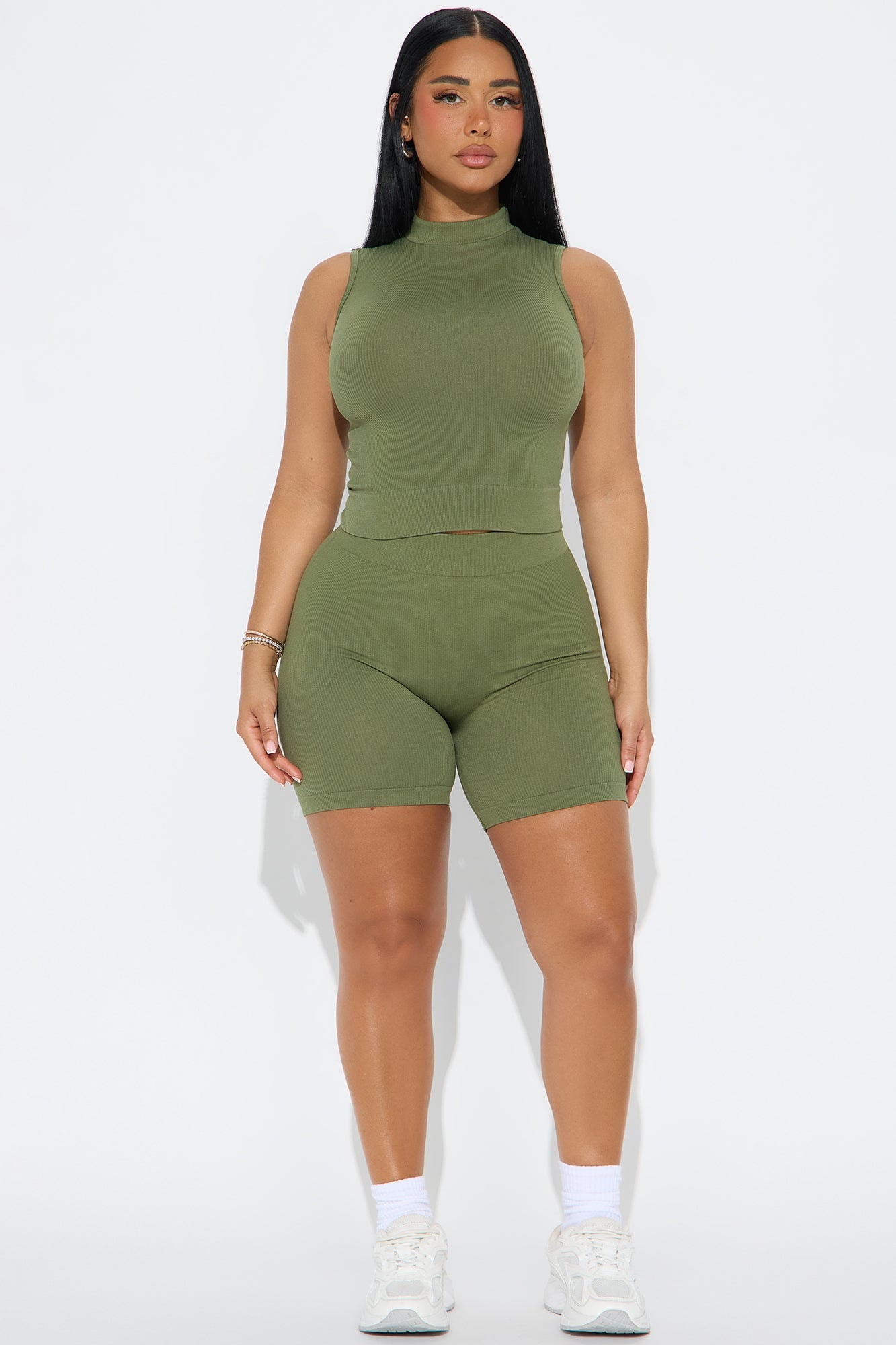 Just Landed Seamless Tank Top Biker Shorts Set - Olive image 1