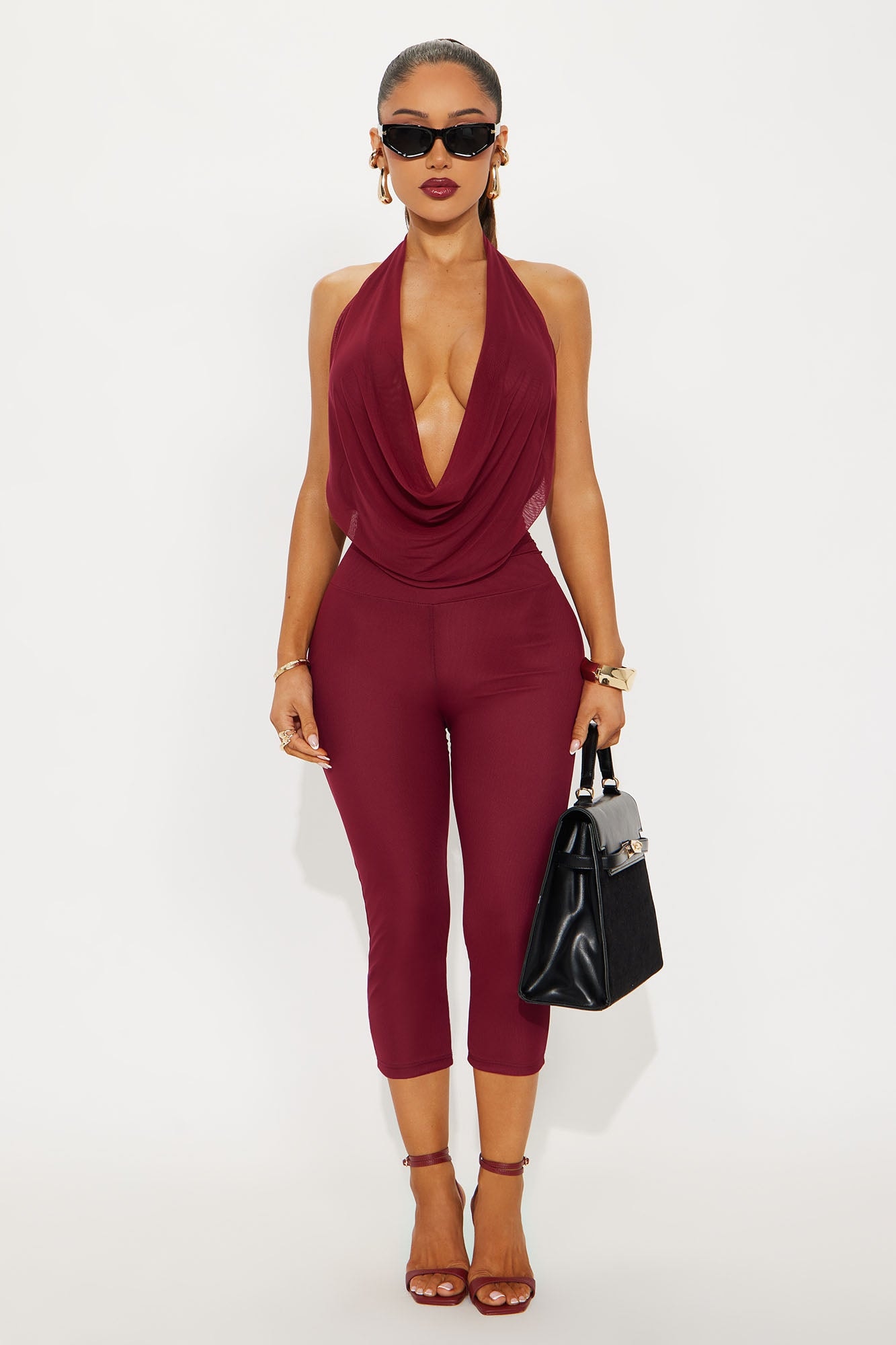 Mya Mesh Backless Halter Capri Jumpsuit - Burgundy image 1