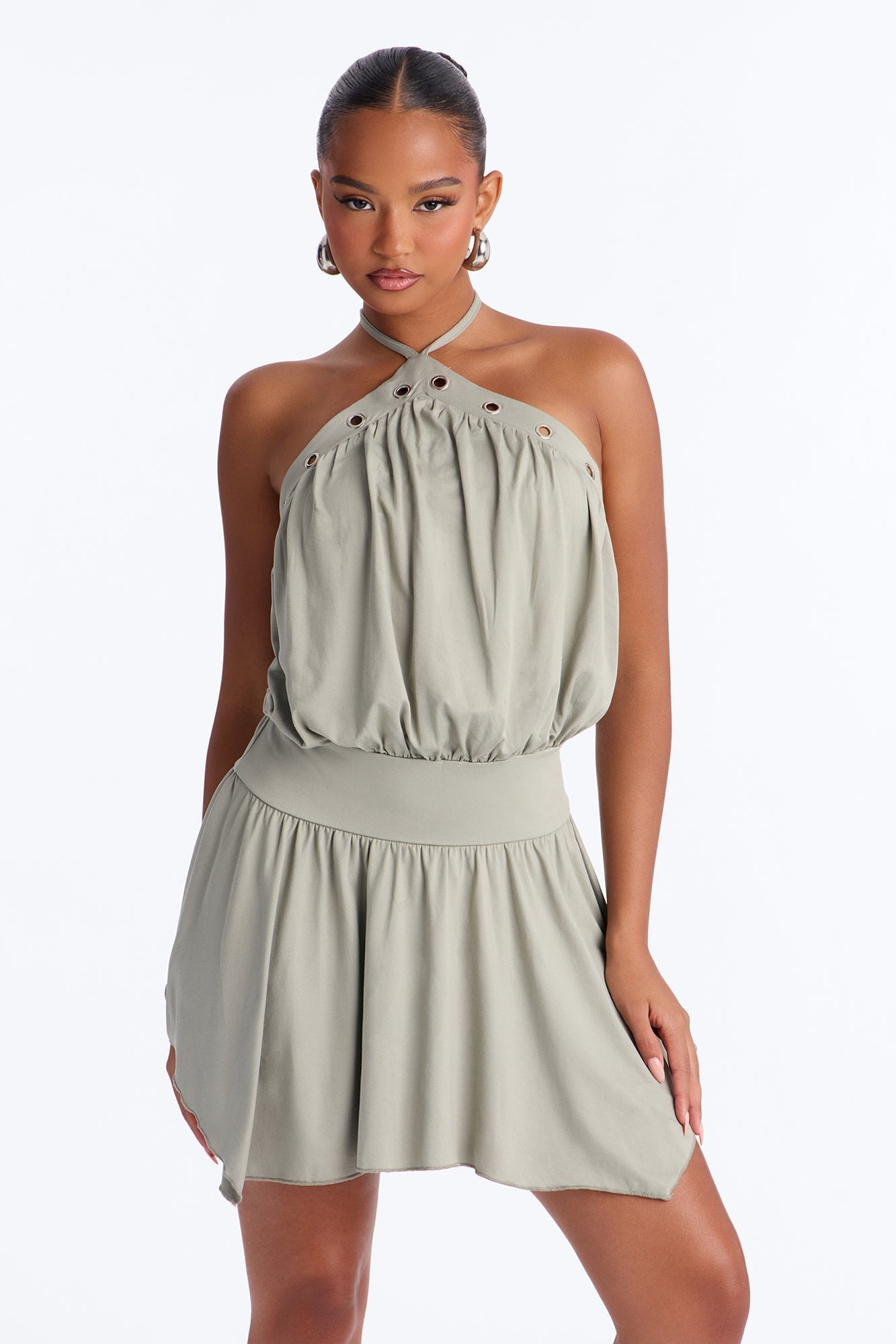 Maribel Y-Neck Sleeveless Mini Dress - Olive image 1