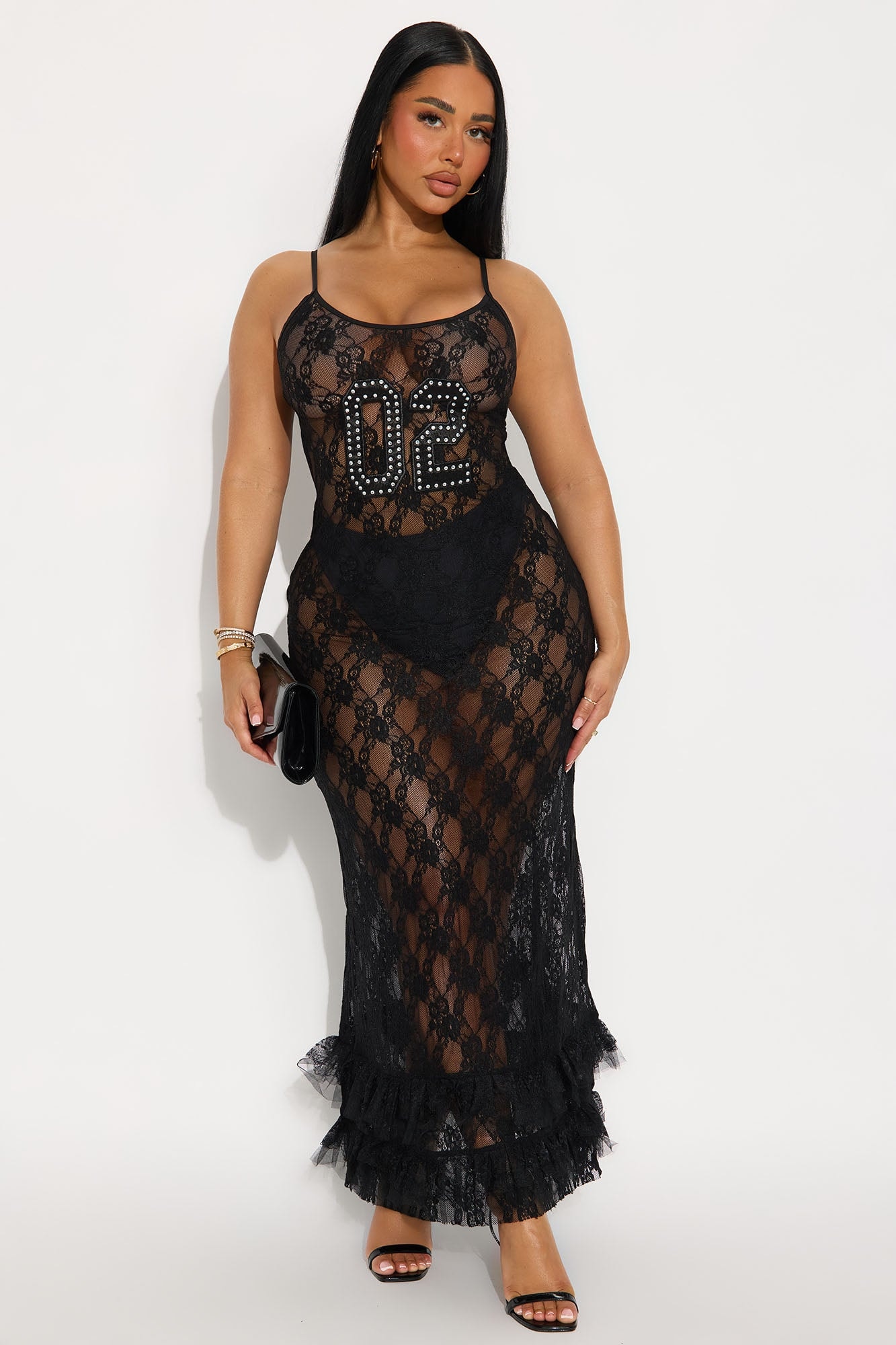 Shoot Your Shot Sheer Lace Maxi Dress - Black image 1