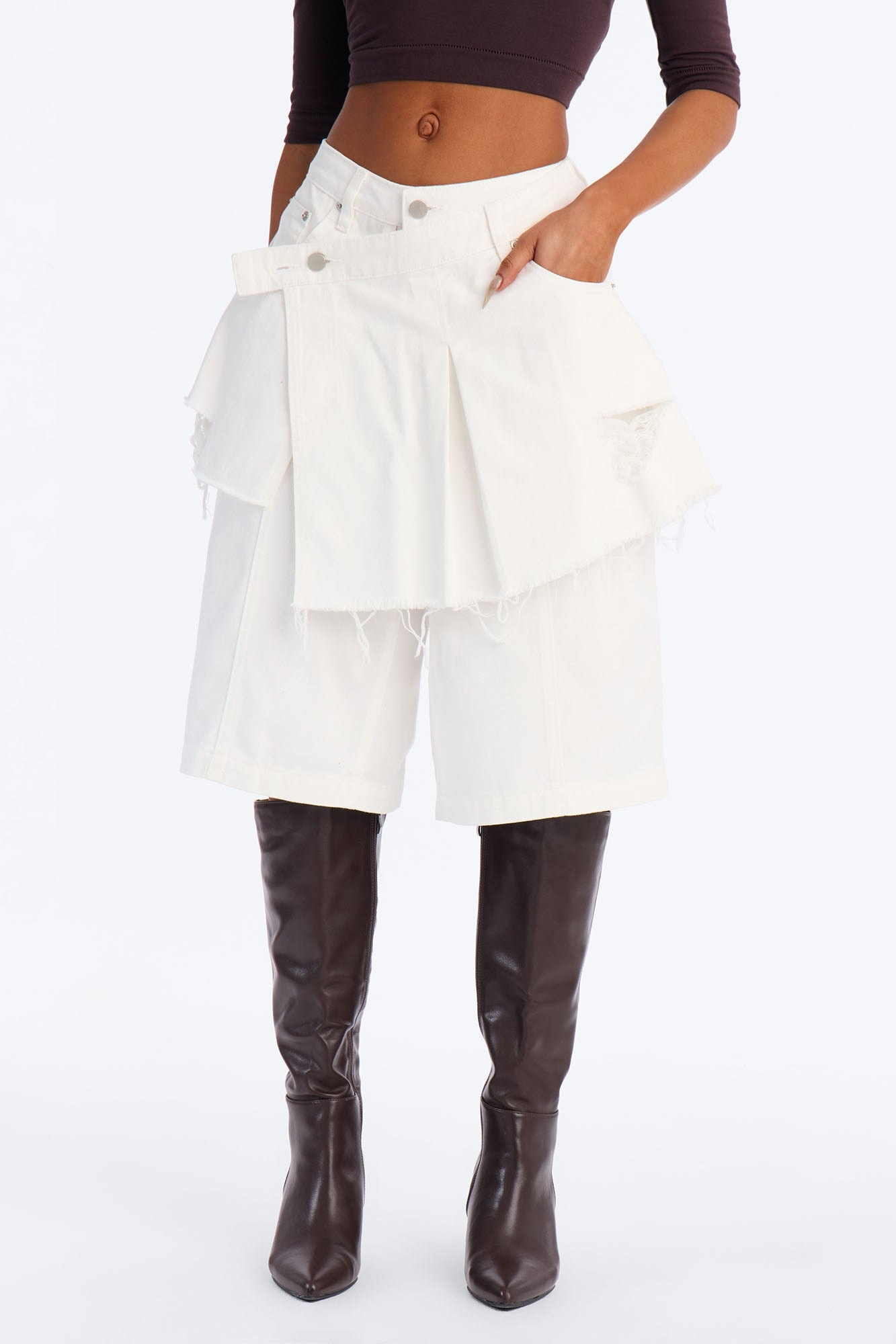Peyton Skirt Overlay Ripped Culotte Jeans - White image 1