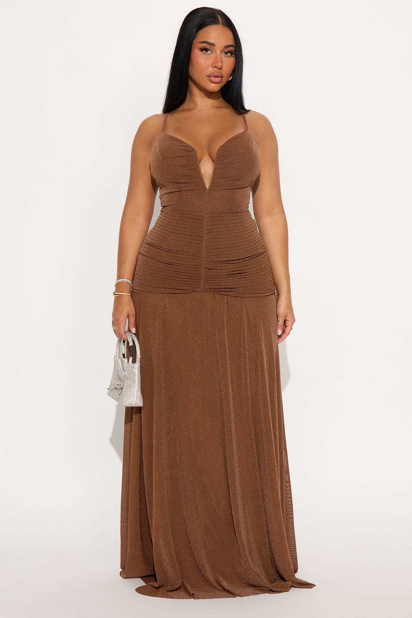 Evelyn Ruched Metallic Maxi Dress - Mocha image 1