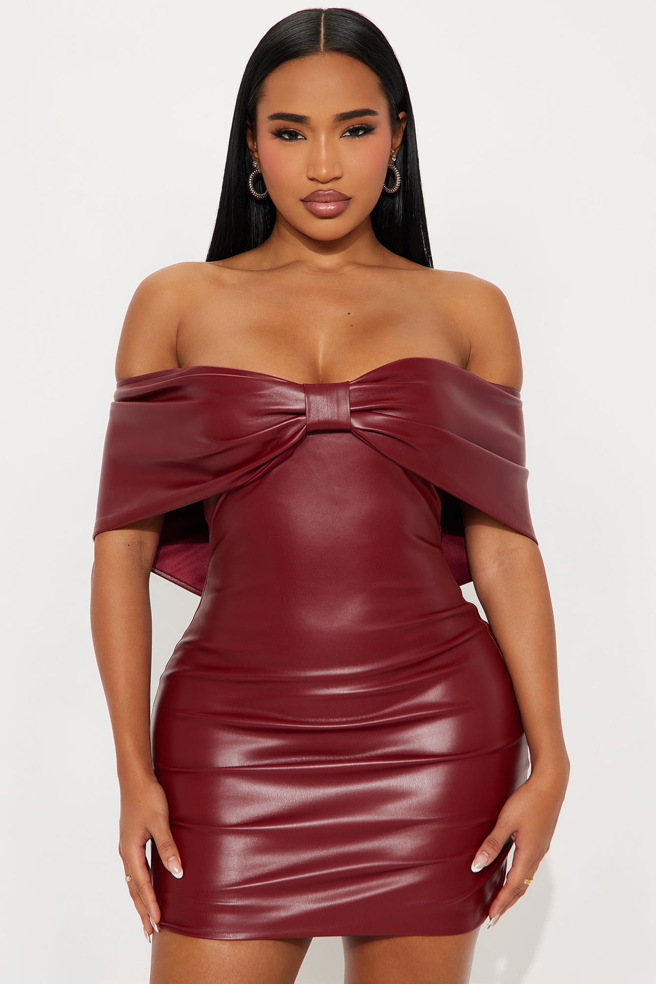 Elizabeth Bow Faux Leather Mini Dress - Wine image 1