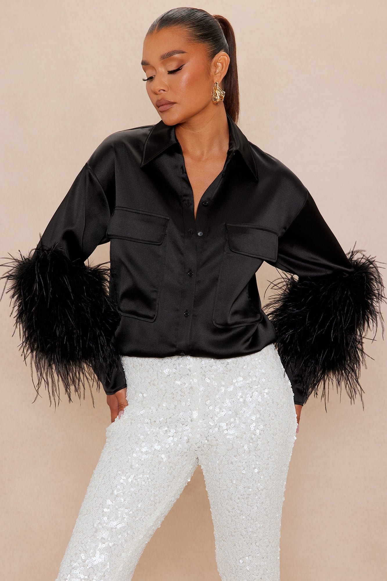 Anna Satin Feather Shirt - Black image 1