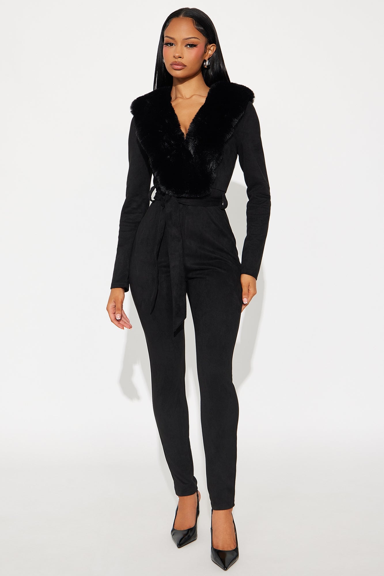 Hard To Handle Faux Suede Fur Trim Jumpsuit - Black image 1