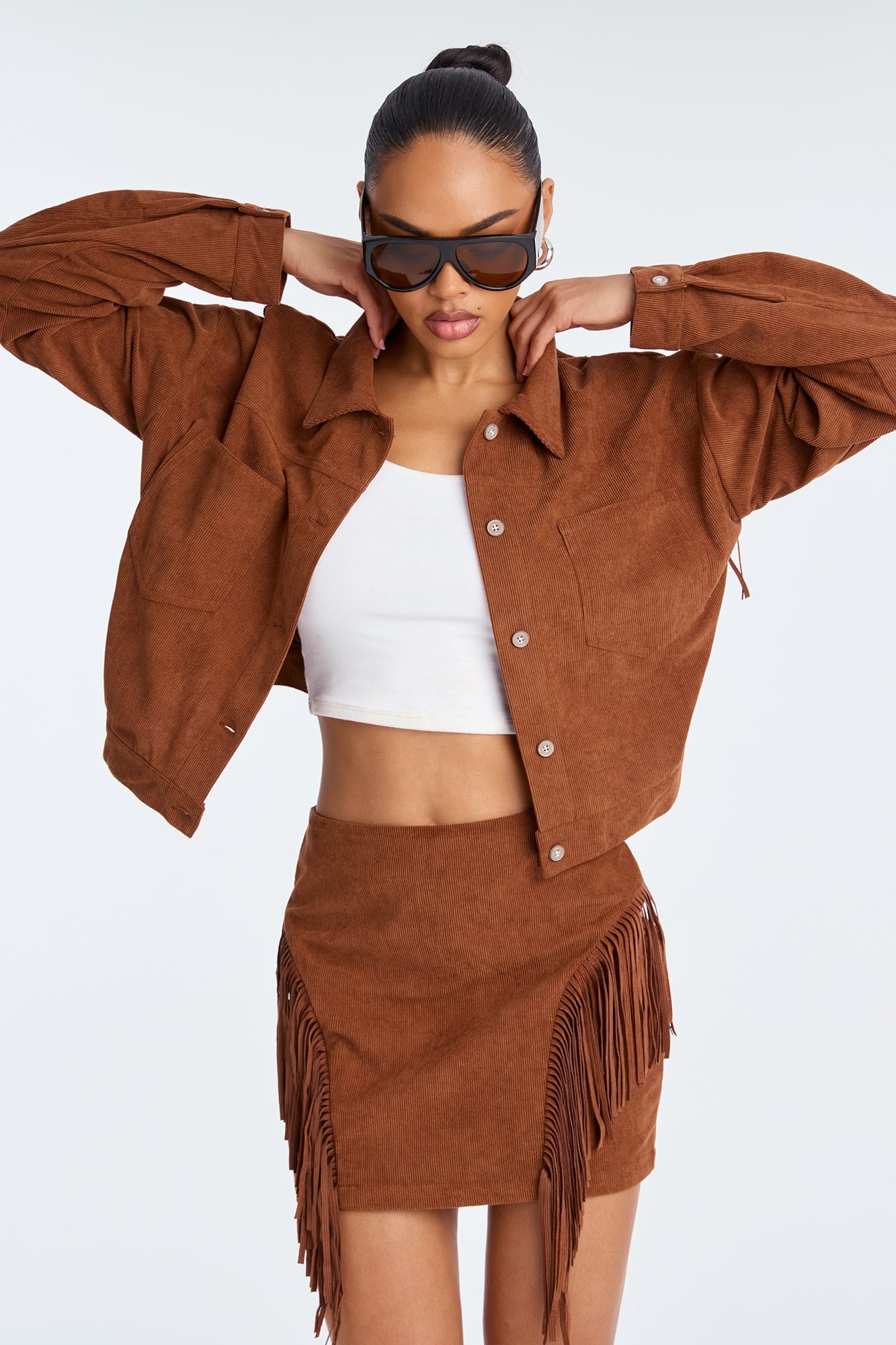 Take The Chance Corduroy Fringe Skirt Set - Rust image 1