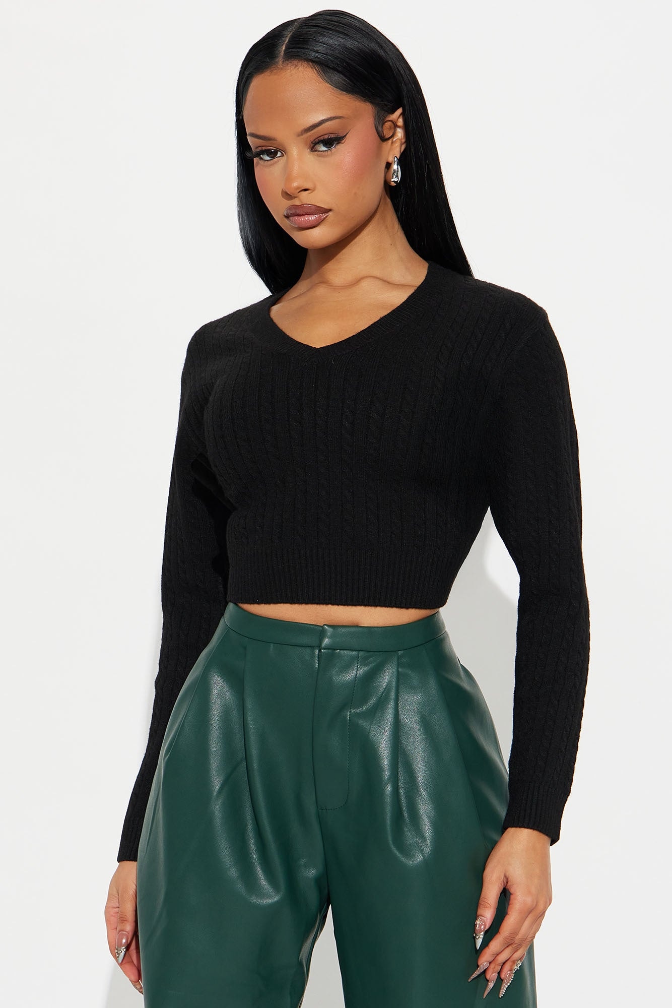 Frosty V Neck Cable Knit Sweater - Black image 1
