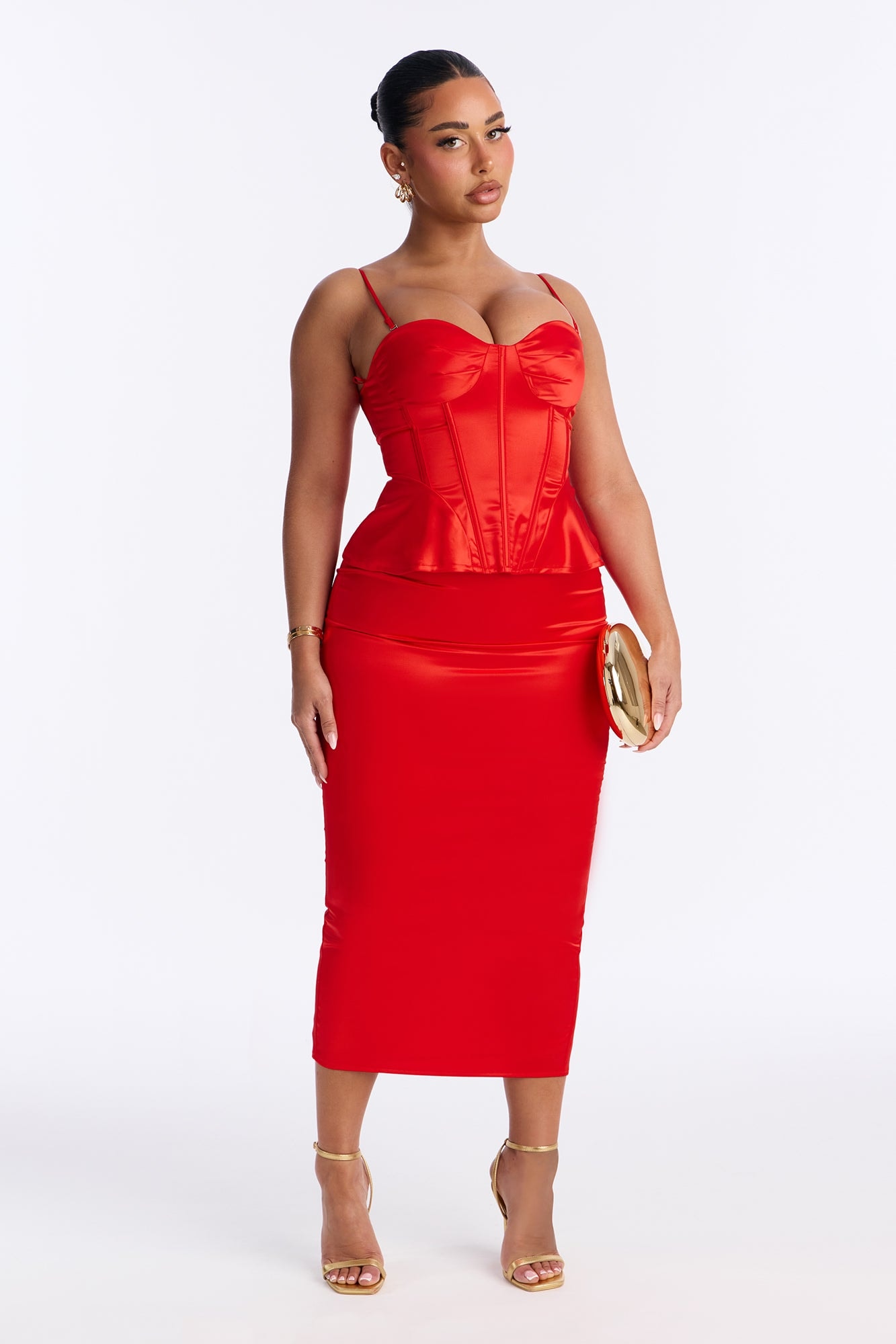 Deepest Desire Satin Peplum Corset Maxi Skirt Set - Red image 1