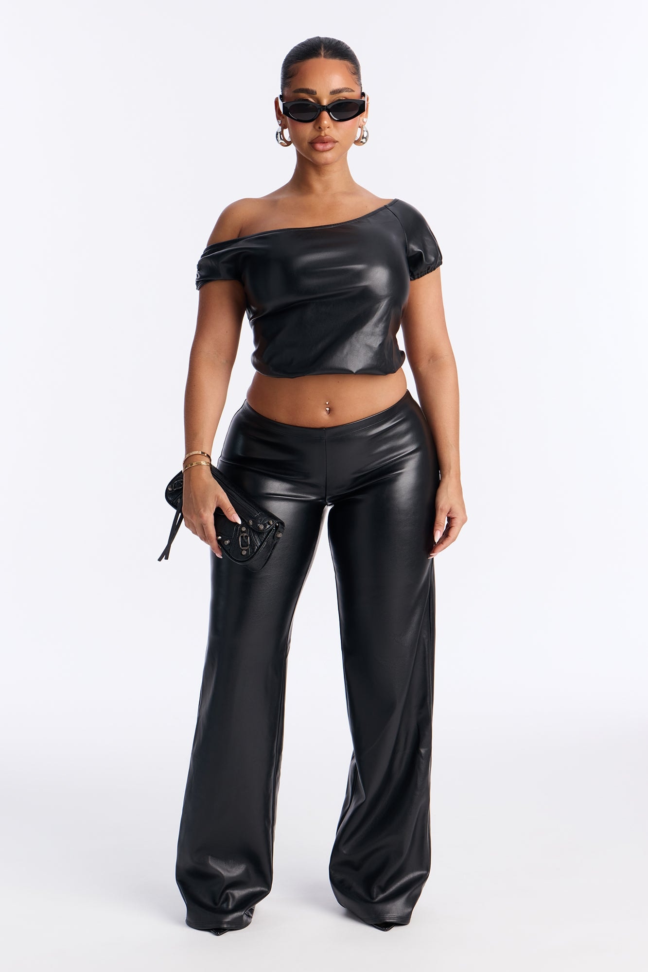 Roxy FAUX leather low rIse straight leg pant set - Black image 1