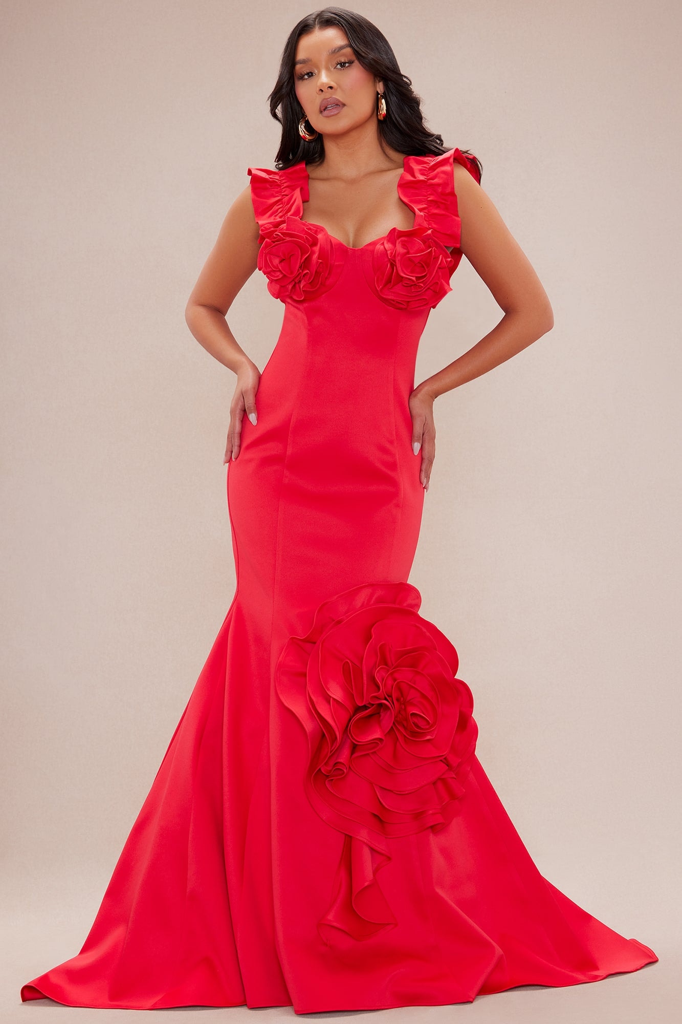 Sofia Floral Applique Satin Gown - Red image 1