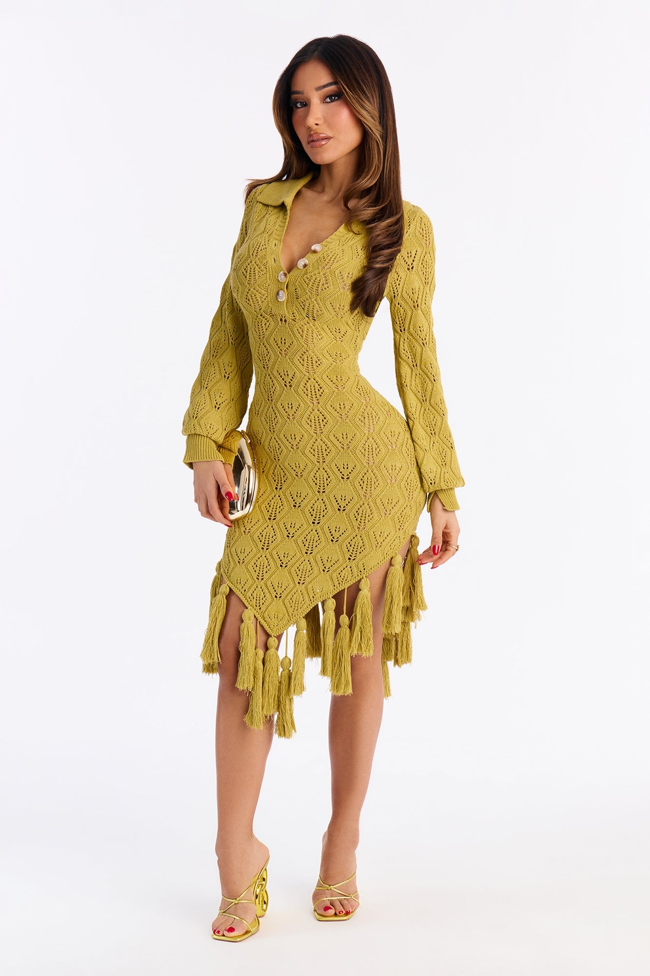 Cora Tassel Trim Crochet Mini Dress - Olive image 1