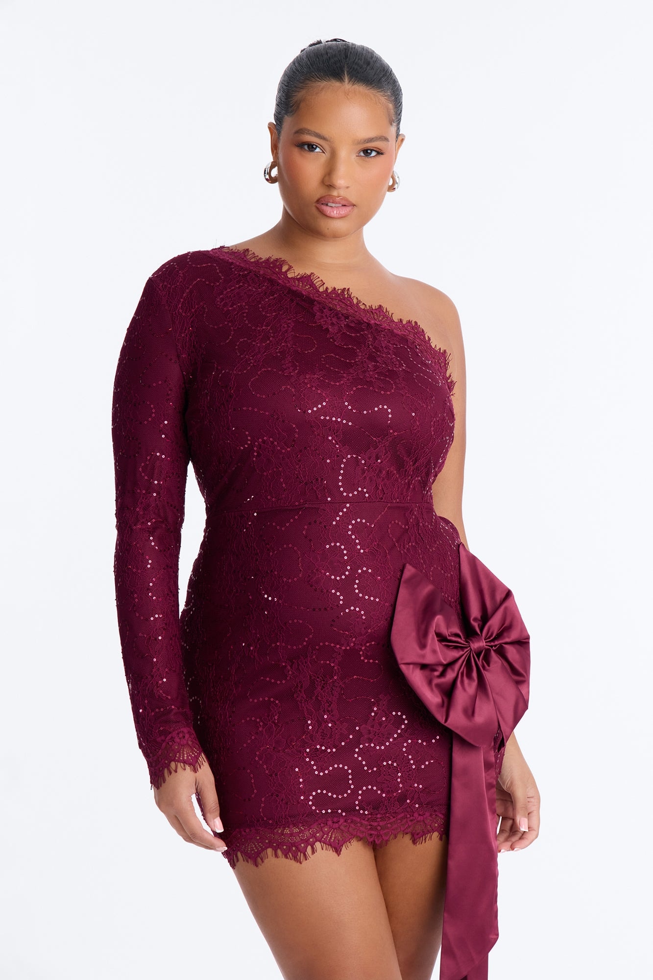 Miranda Sequin Lace Bow Mini Dress - Wine alternate