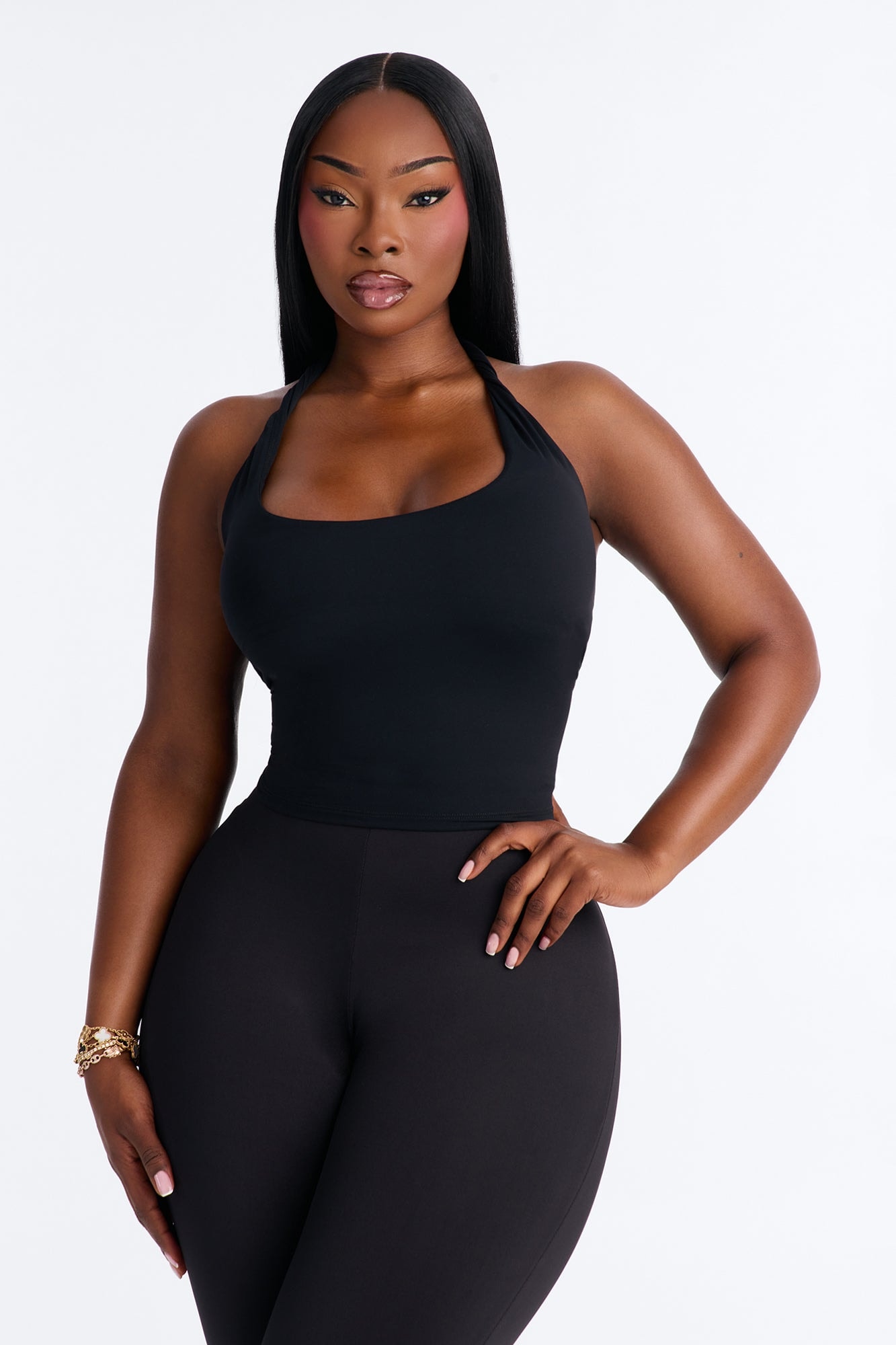 Second Skin Double Lined Twist U Neck Halter Top - Black image 1