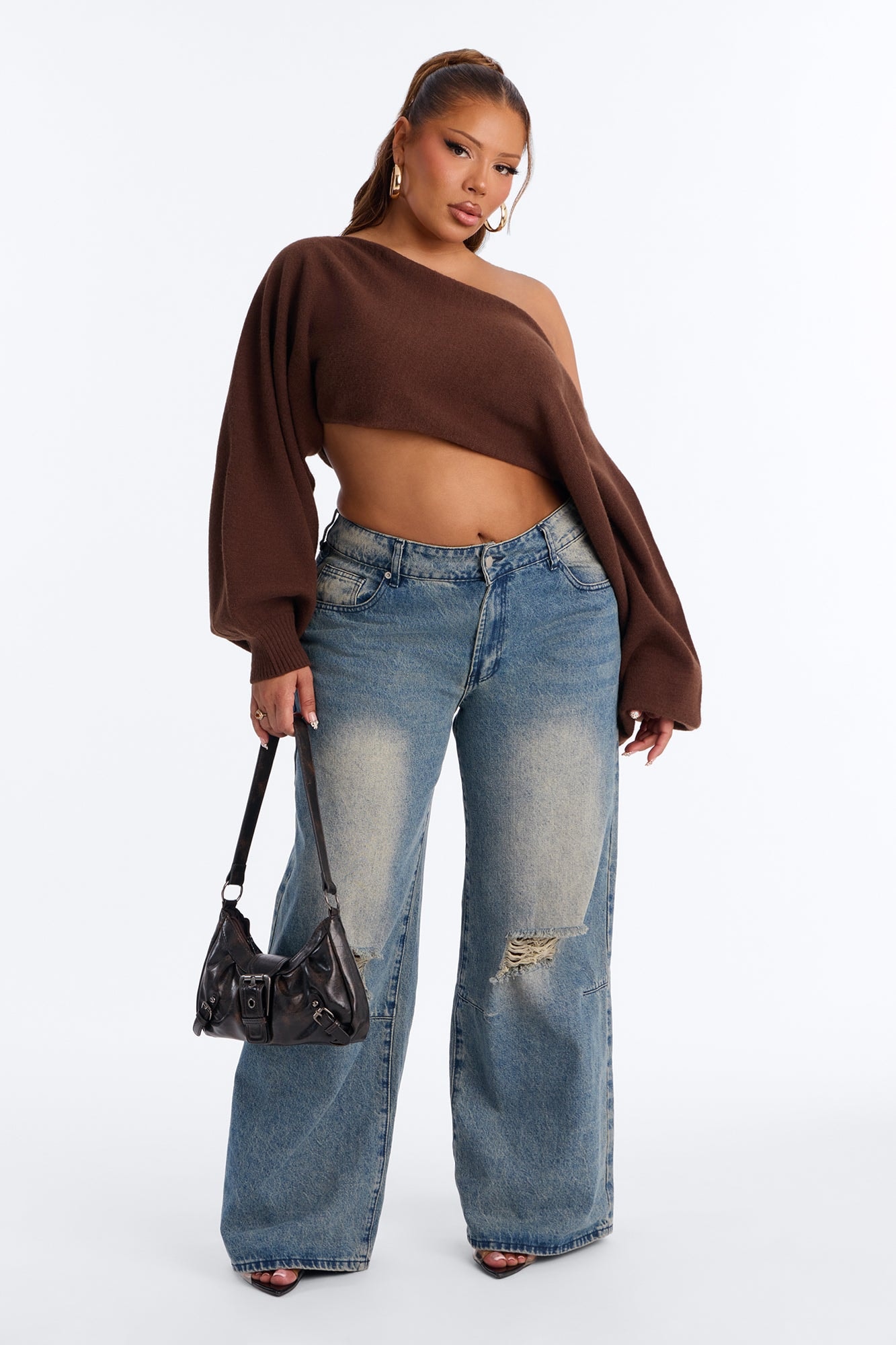 Love Away One Shoulder Sweater Top - Chocolate image 1