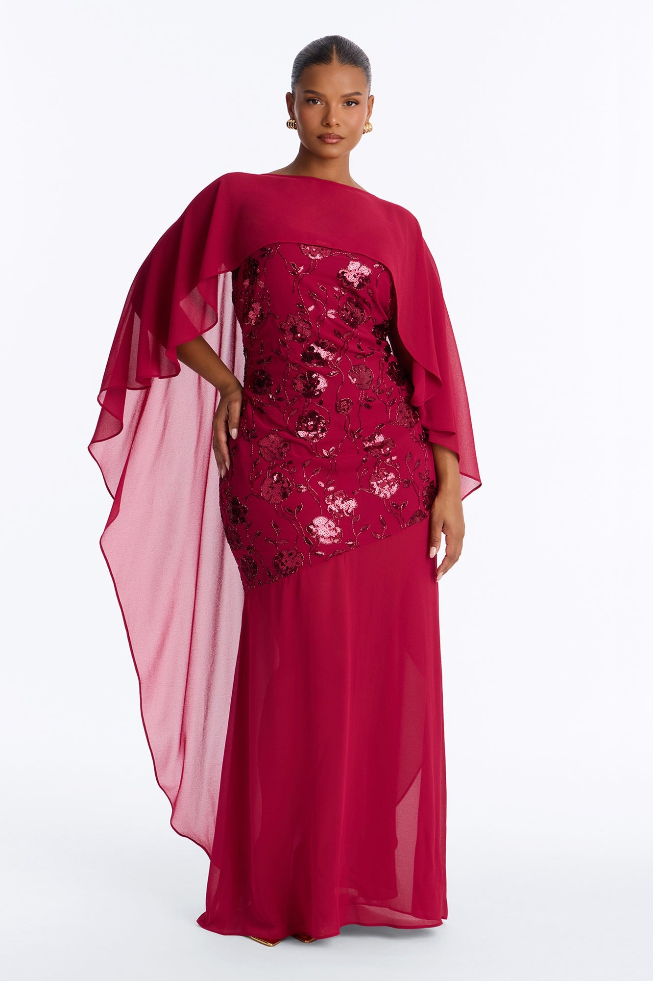 Night Sparkle Embellished Cape Gown - Raspberry image 1