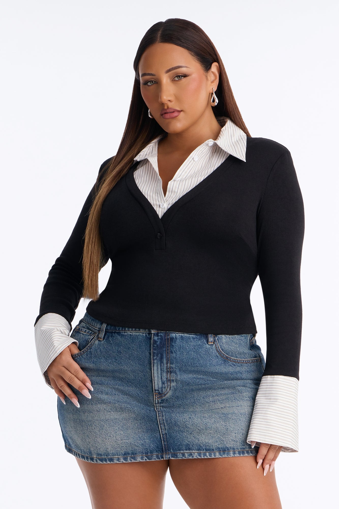 Playful Control Two-Fer Shirt Sweater - Black/combo image 1