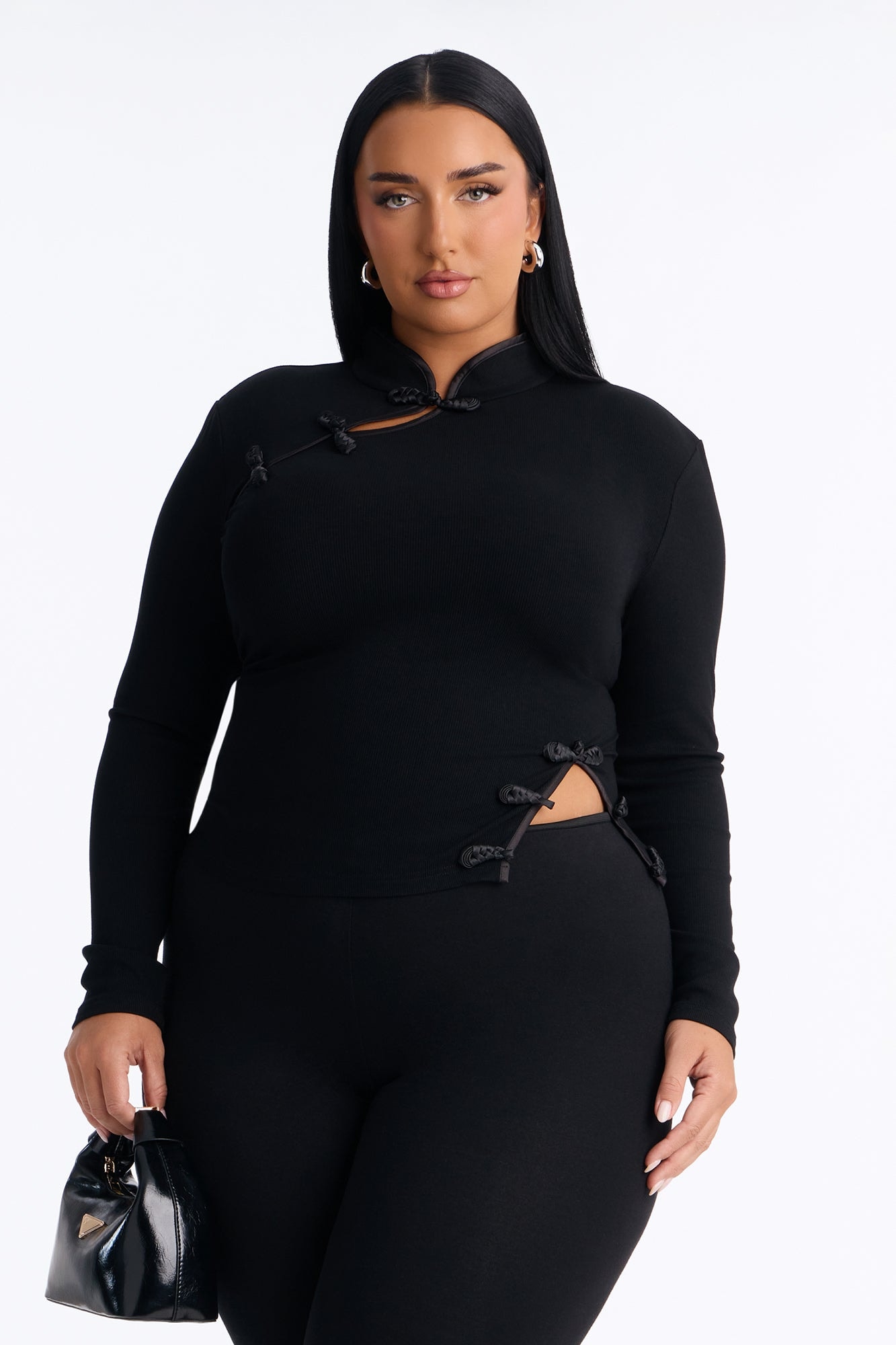 Luna Button Mock Neck Long Sleeve Top - Black image 1