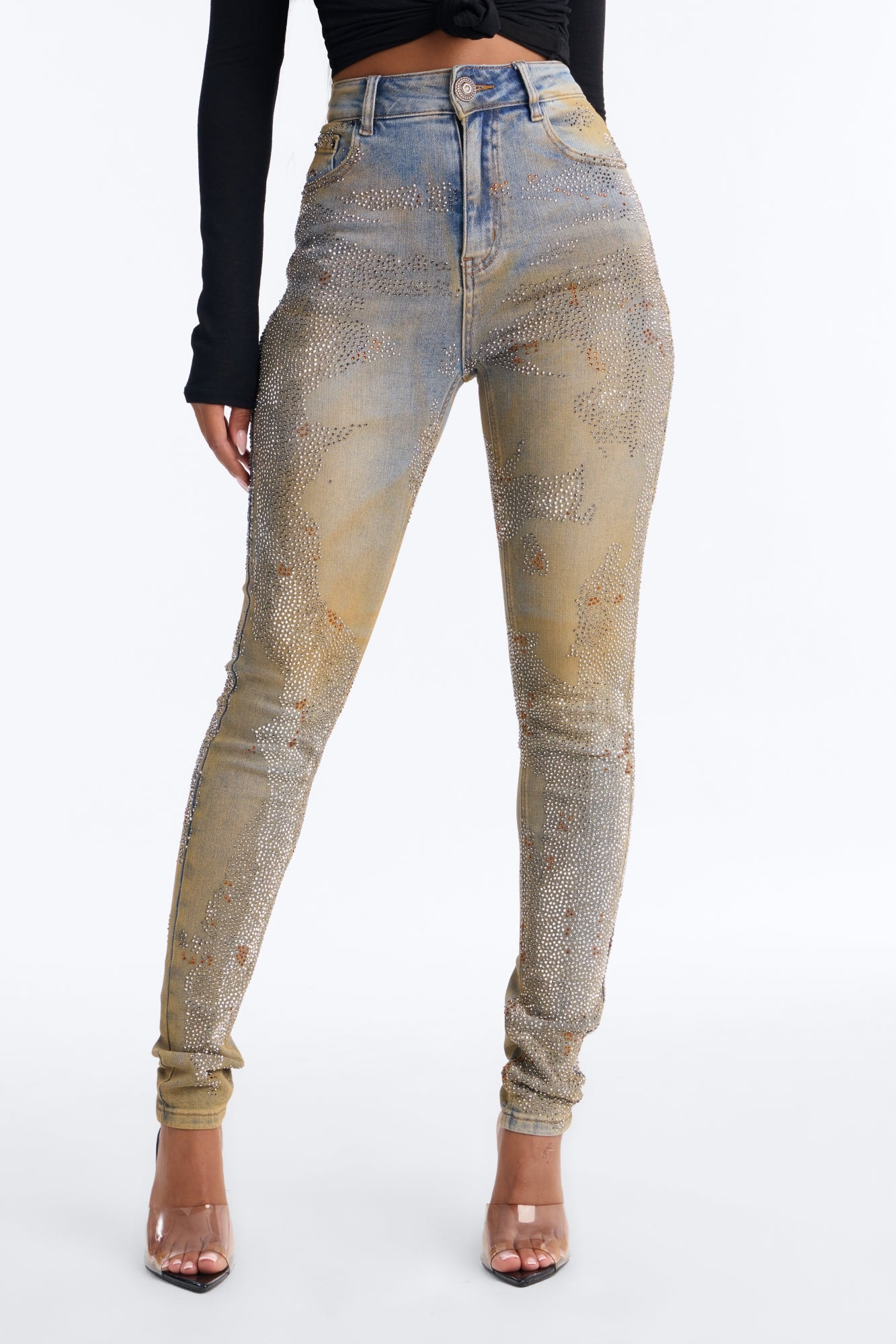 New York Nights High Rise Embellished Stretch Skinny Jeans - Vintage Wash image 1