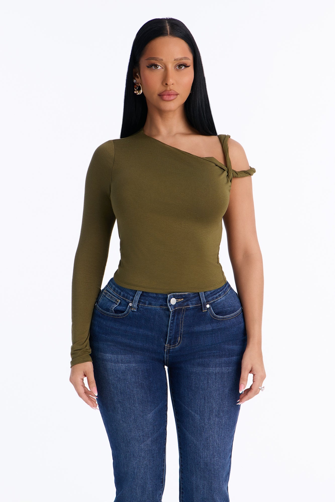 Kendra One Shoulder Long Sleeve Top - Olive image 1