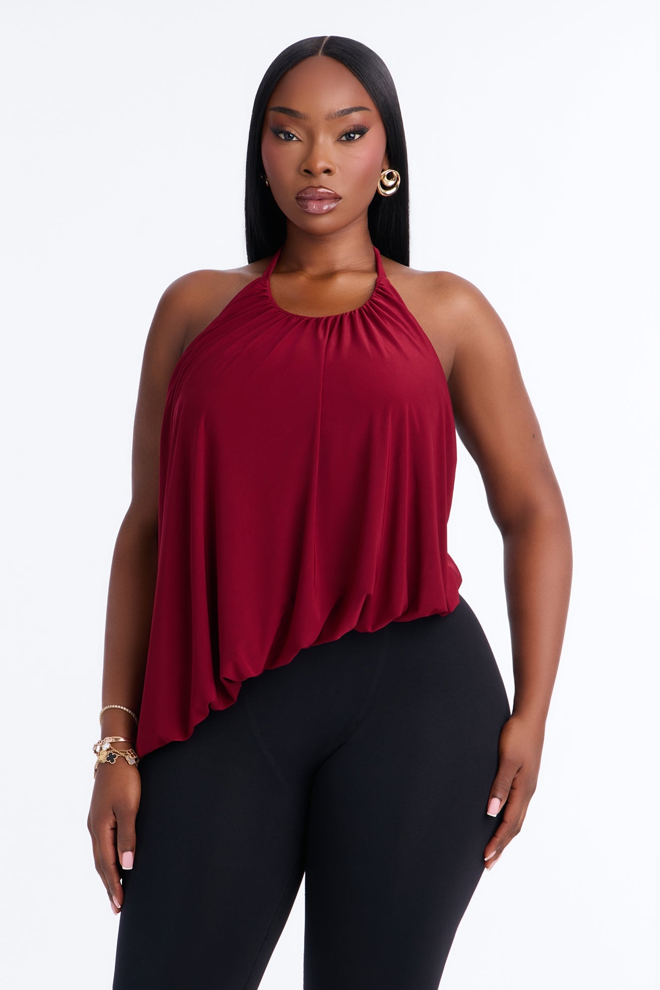 Selena Ruched Asymmetrical Halter Top - Wine image 1