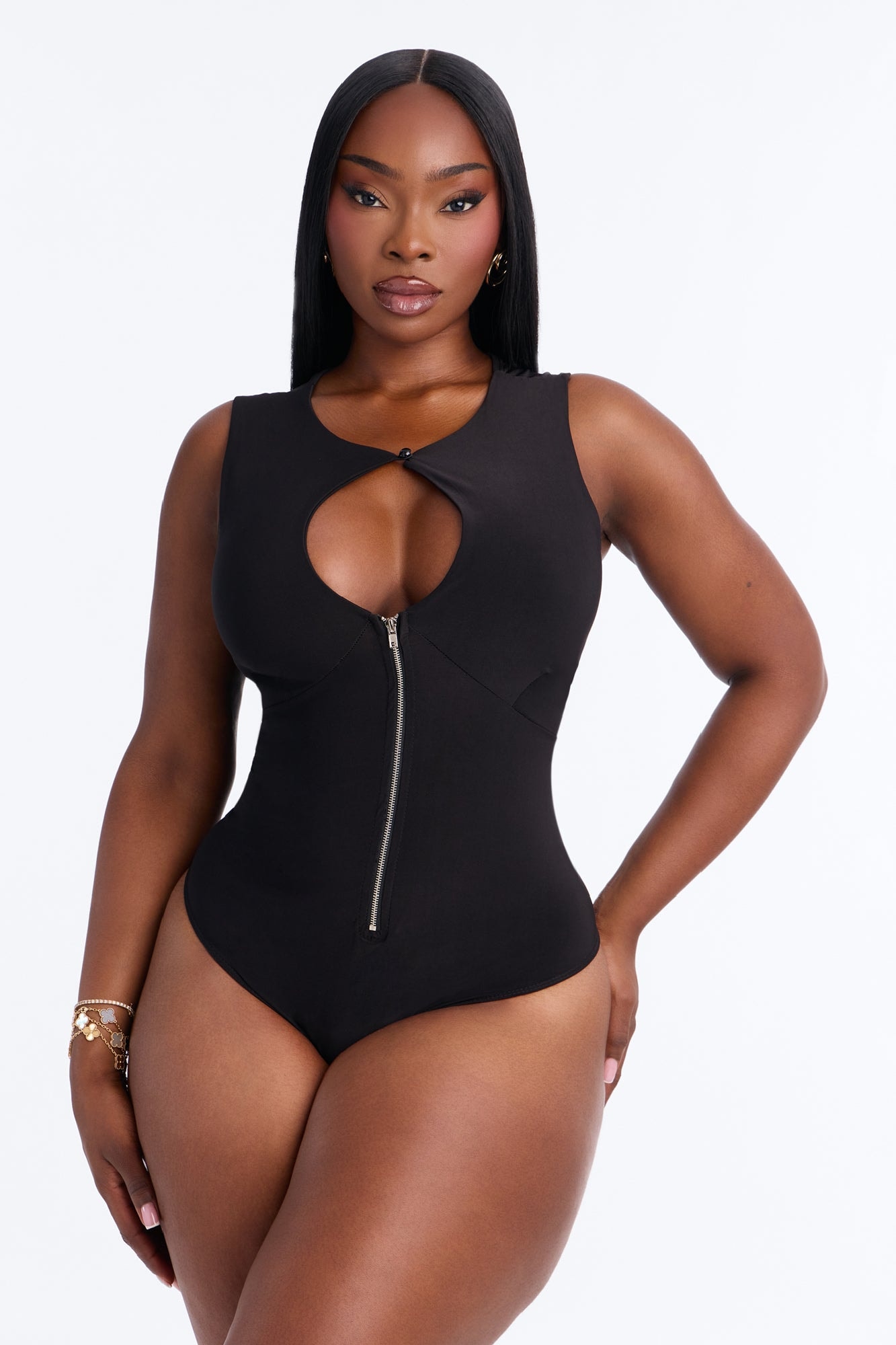 London Cut Out Zipper Sleeveless Bodysuit - Black image 1