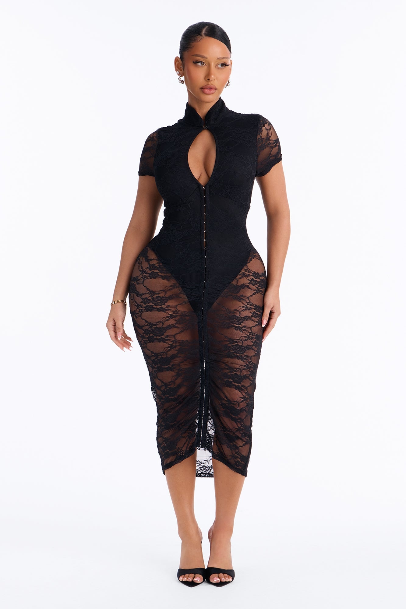 Lucky For You Short Sleeve Lace Midi Dress - Black image 1