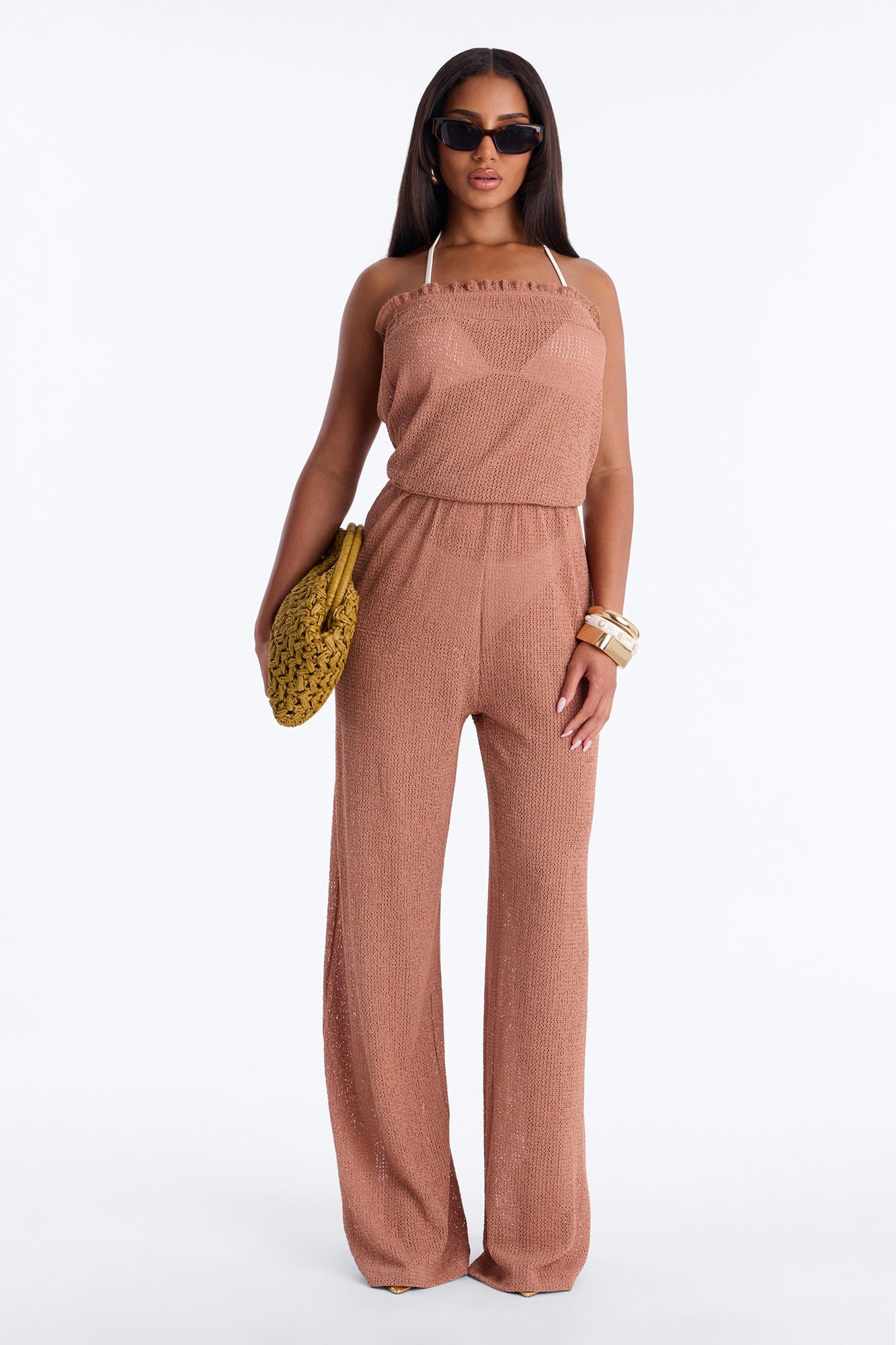 Ocean Breeze Knit Strapless Cover Up Jumpsuit - Mocha image 1