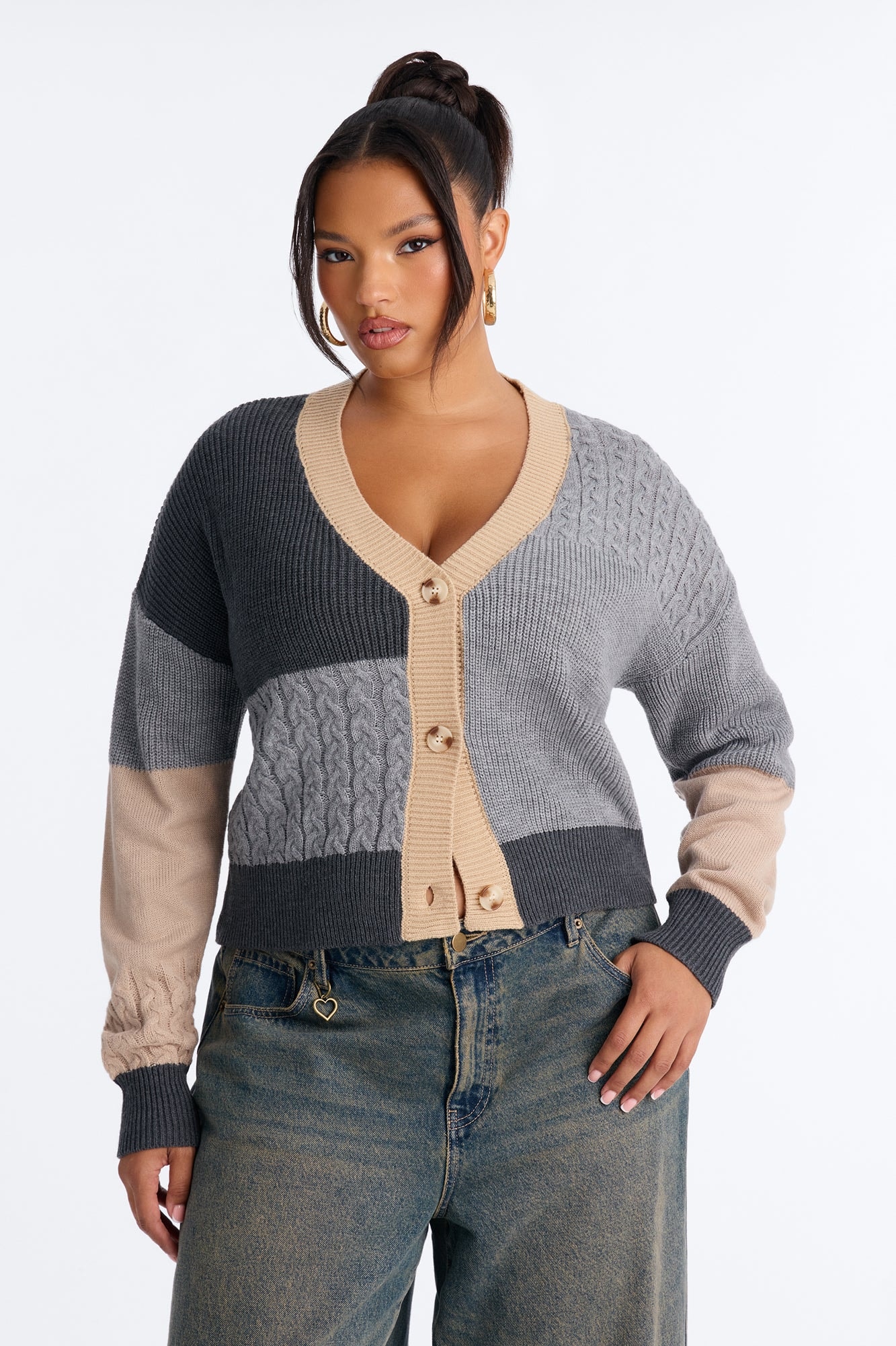 Good Form Cropped Color Block Sweater - Grey/combo image 1