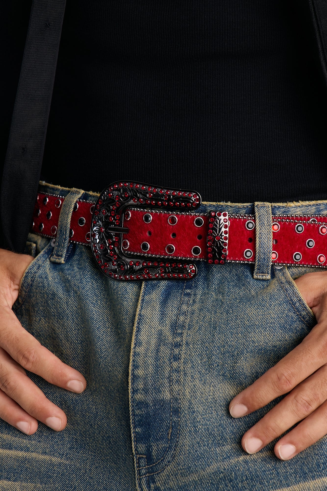 Rhinestone Embellished Faux Pony Hair Western Buckle Belt - Red image 1